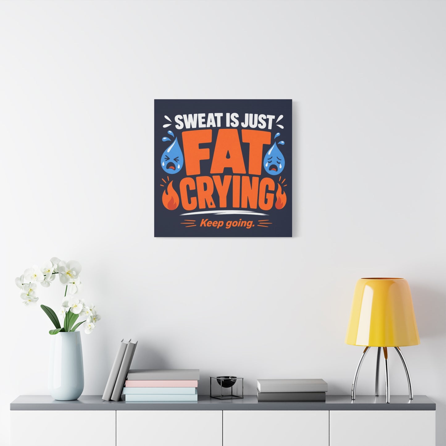 "Sweat Is Just Fat Crying Keep Going" Typography Canvas Wall Art - Funny Gym Motivation Quote Print, Navy Orange Blue Workout Decor - Modern Home Office Wall Decor - Ready to Hang - Ready to Hang