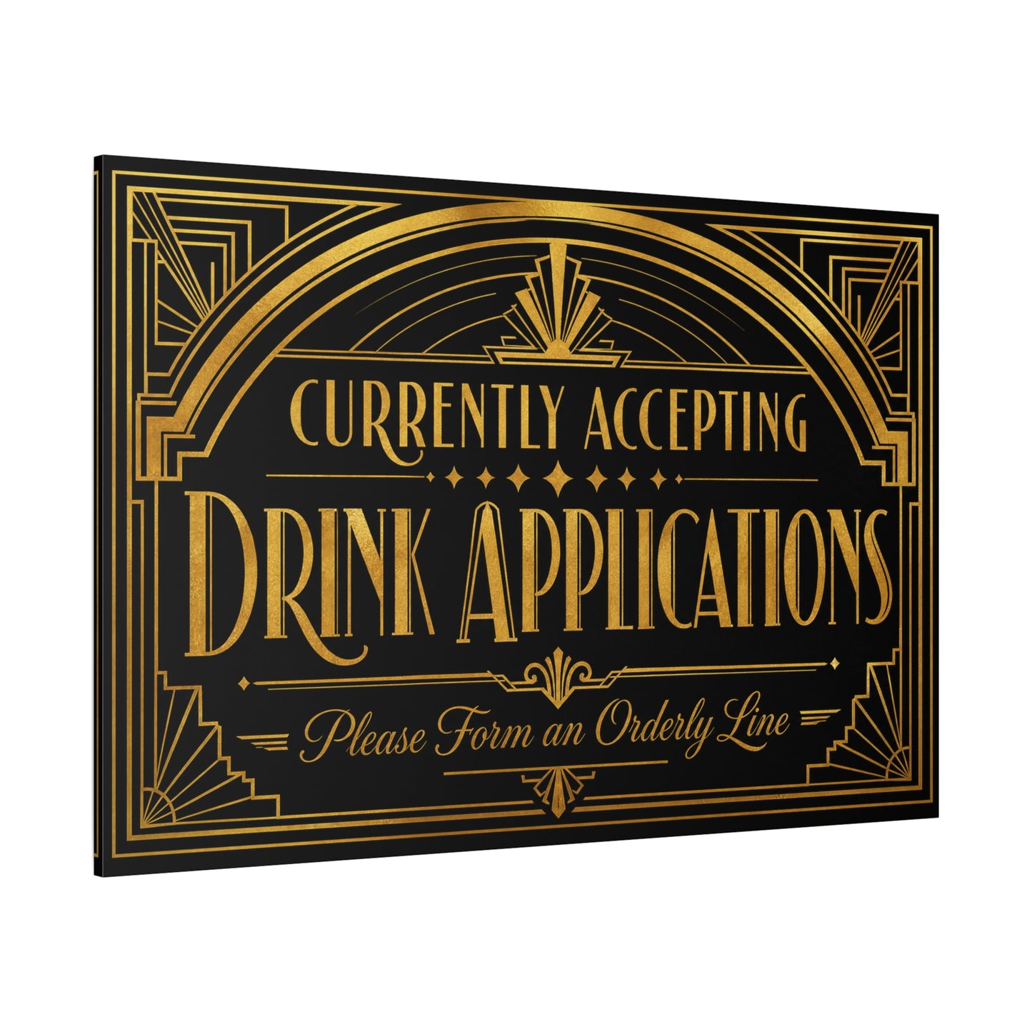 "Currently Accepting Drink Applications" Canvas Wall Art - Art Deco Typography Bar Sign, Black And Gold Humor Decor, Vintage Cocktail Lounge Style, Home Bar Accent - Ready to Hang - Tavern Wall Decor
