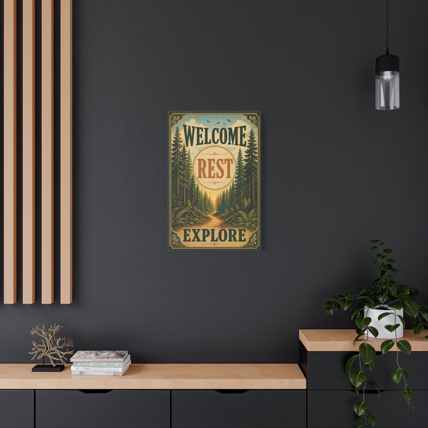 "Welcome Rest Explore" Forest Canvas Art Print - Vintage Pine Path Landscape Decor - Rustic Cabin Style, Nature Home Accent, Entryway Decoration, Lodge Interior Piece - Living Room Wall Decor
