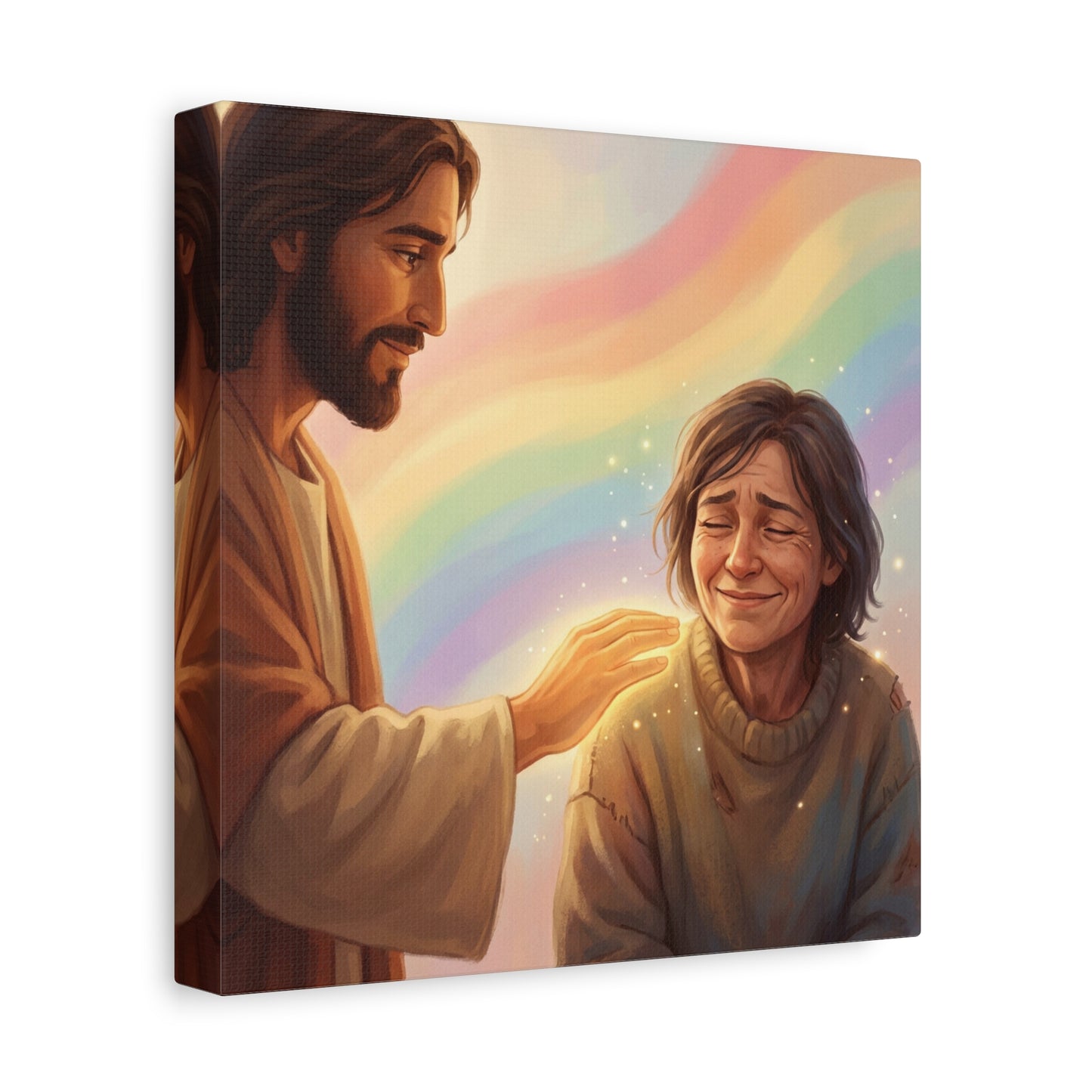Jesus Christ Comforting Woman Canvas Wall Art - Rainbow Christian Wall Decor, Faith Home Decoration - Matte Canvas Print, Inspirational Religious Artwork - Living Room Bedroom Office - Ready to Hang