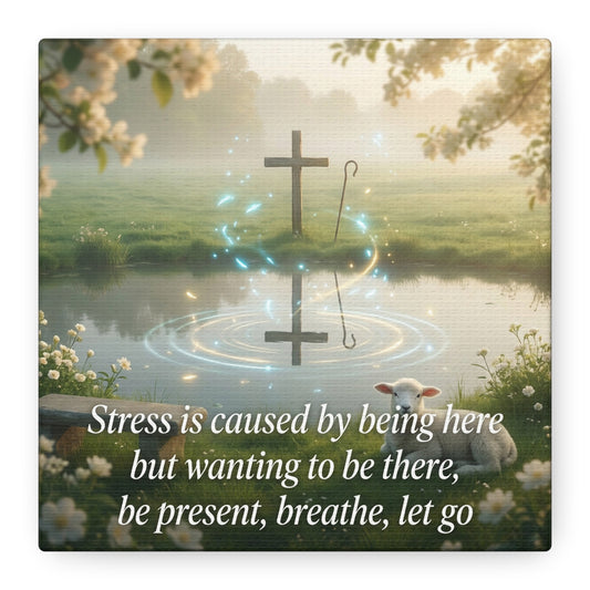 "Stress is caused by being here but wanting to be there, be present, breathe, let go" Cross Canvas Wall Art - Christian Inspirational Pond Scene - Traditional Style - Bedroom Wall Decor
