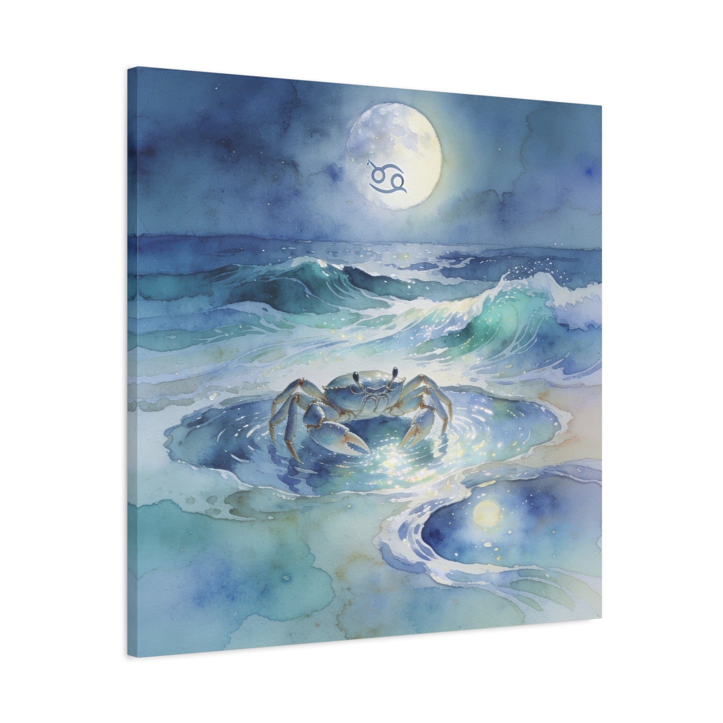 Cancer Zodiac Canvas Wall Art - Moonlit Ocean Crab Watercolor Print, Coastal Astrology Decor - Serene Blue Seascape - Bedroom Wall Decor, Meditation Space Accent, Bohemian Style - Ready to Hang