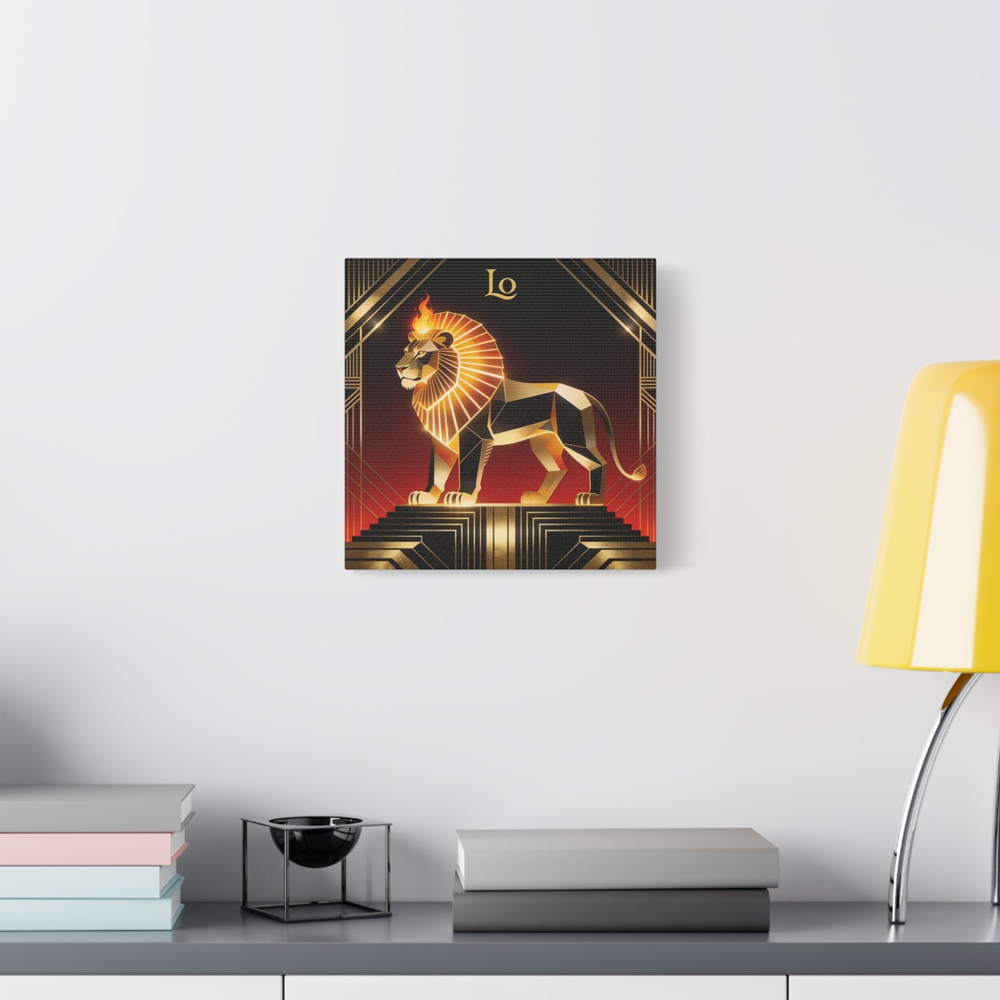 "Lo" Geometric Lion Canvas Wall Decor - Art Deco Gold Black Red Animal Print - Flaming Mane Illustration, Modern Luxe Interior Accent, Living Room Home Decoration - Living Room Wall Decor
