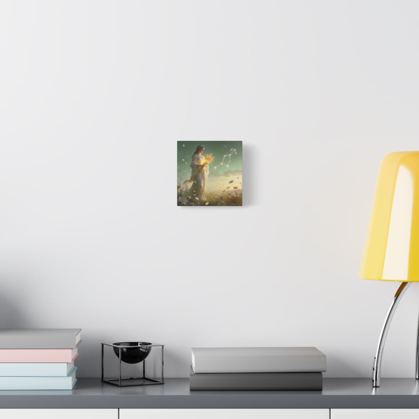Virgo Maiden Canvas Wall Art - Celestial Wheat Goddess Illustration, Luminous Zodiac Sky, Matte Cotton Print, Bohemian Bedroom Decor, Meditation Space Accent, Ready To Hang - Living Room Wall Decor