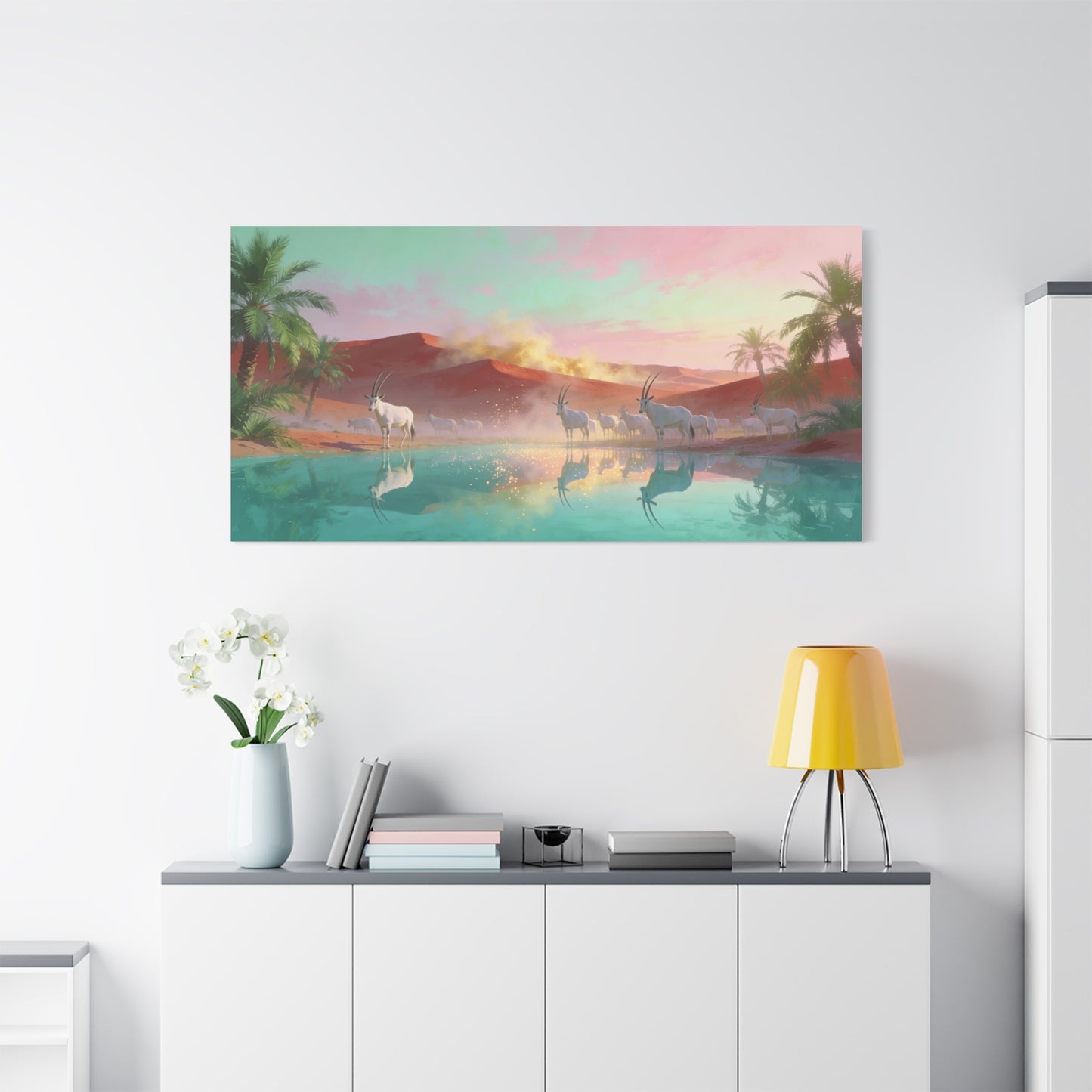 Desert Oasis Oryx Canvas Wall Art - Antelope Lake Reflection, Palm Dunes - Dreamy Surreal Cotton Print - Contemporary Landscape Style - Living Room Wall Decor, Bedroom Accent - Bedroom Home Decoration