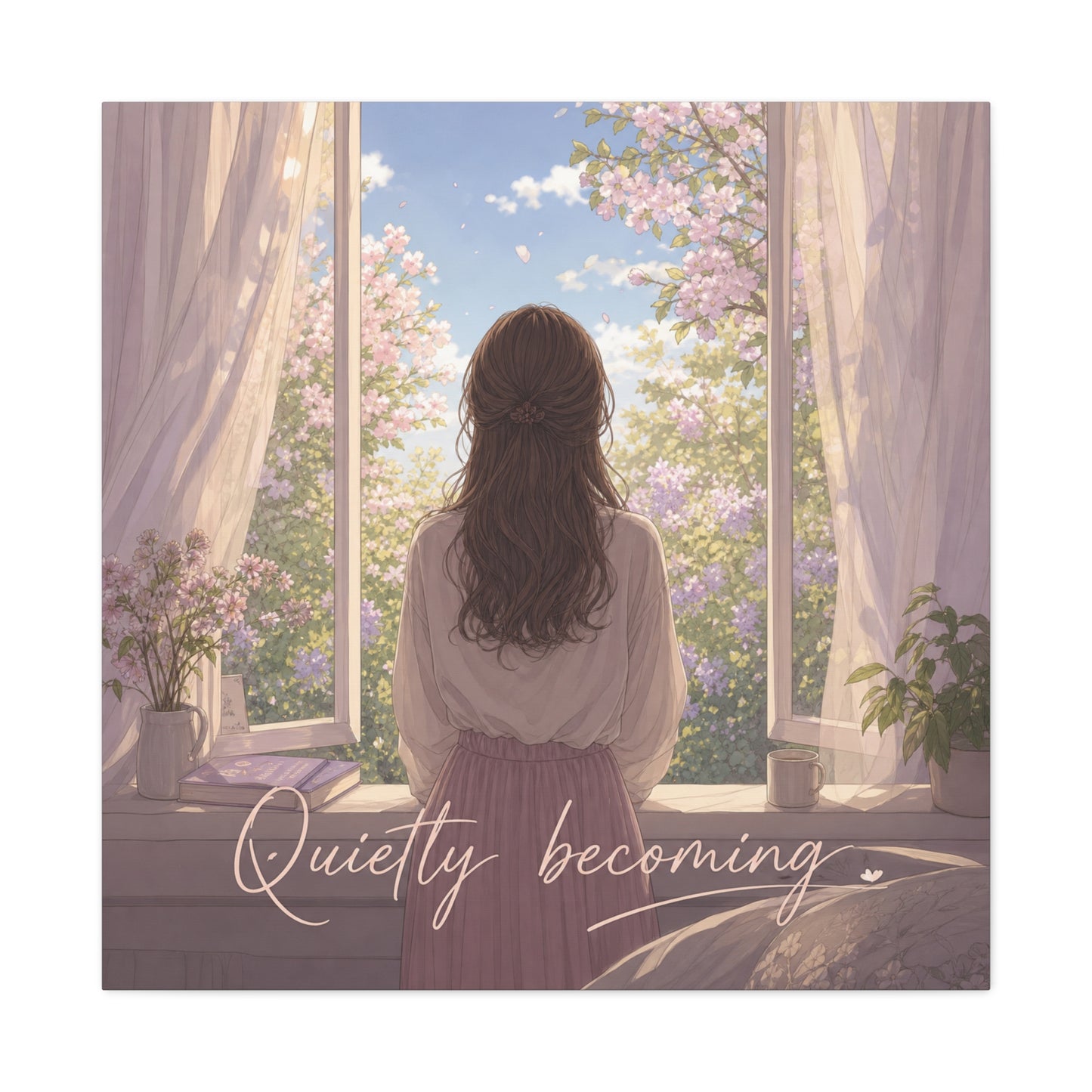 "Quietly Becoming" Girl At Window Canvas Wall Art - Cherry Blossom Bedroom Decor, Soft Pastel Inspirational Print, Dreamy Feminine Room Decoration - Bedroom Home Decoration - Living Room Wall Decor