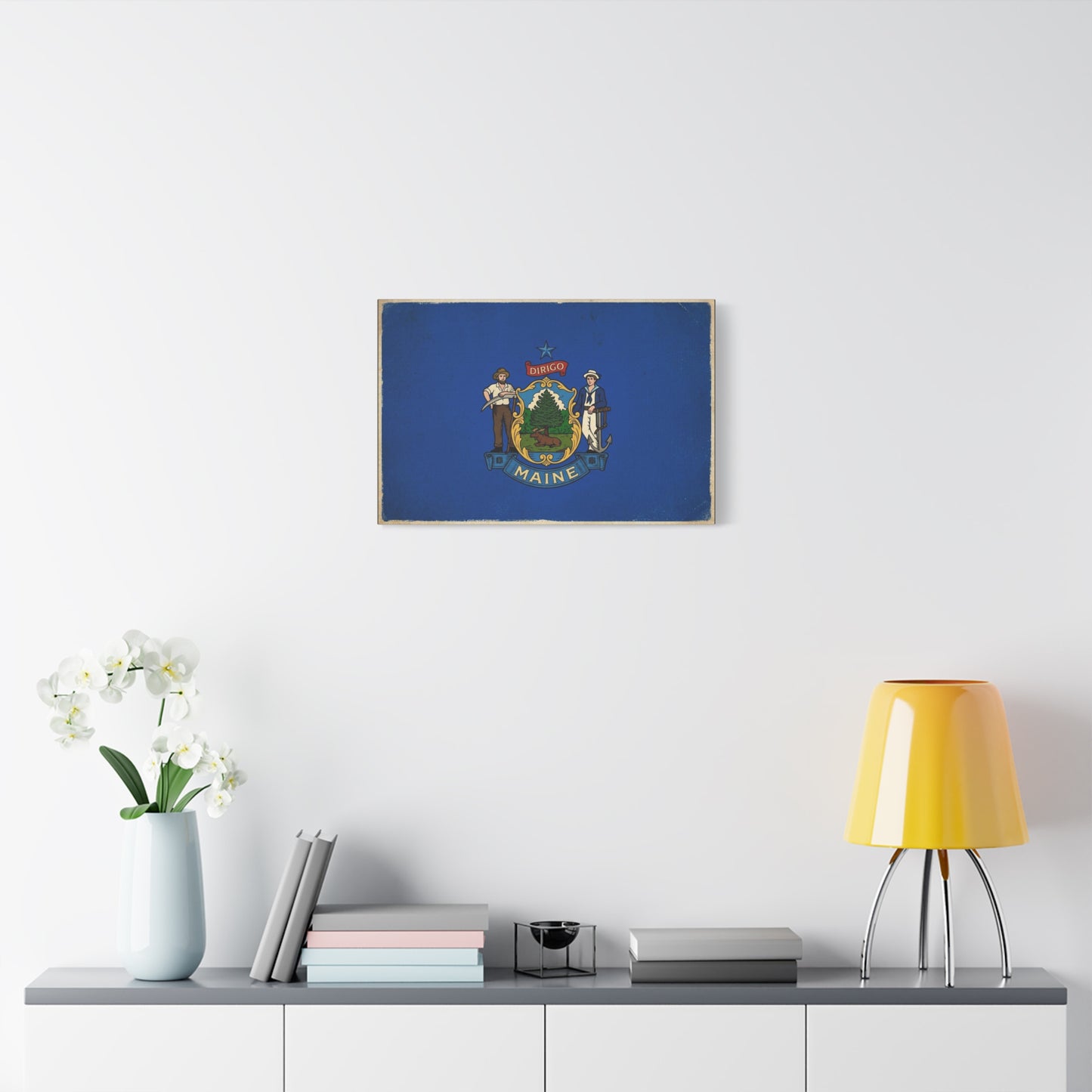 Maine State Flag Canvas Wall Art - Dirigo Vintage Blue Flag Print, Rustic Patriotic Decor - Distressed Illustration Style - Living Room Wall Decor, Office Art Accent - Bedroom Home Decoration