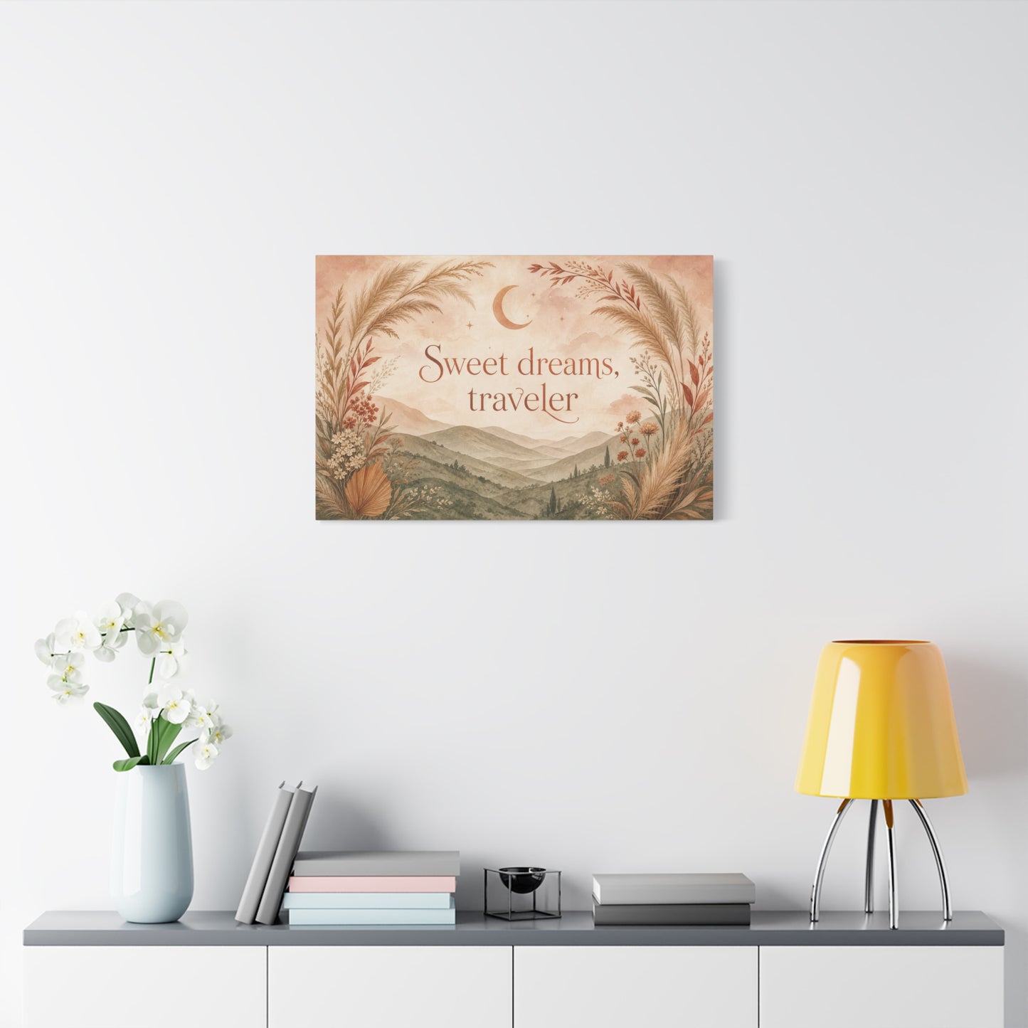 "Sweet Dreams, Traveler" Canvas Wall Art - Boho Moon Mountain Landscape Print - Neutral Botanical Bedroom Decor - Rustic Contemporary Wall Hanging - Ready to Hang - Bedroom Home Decoration