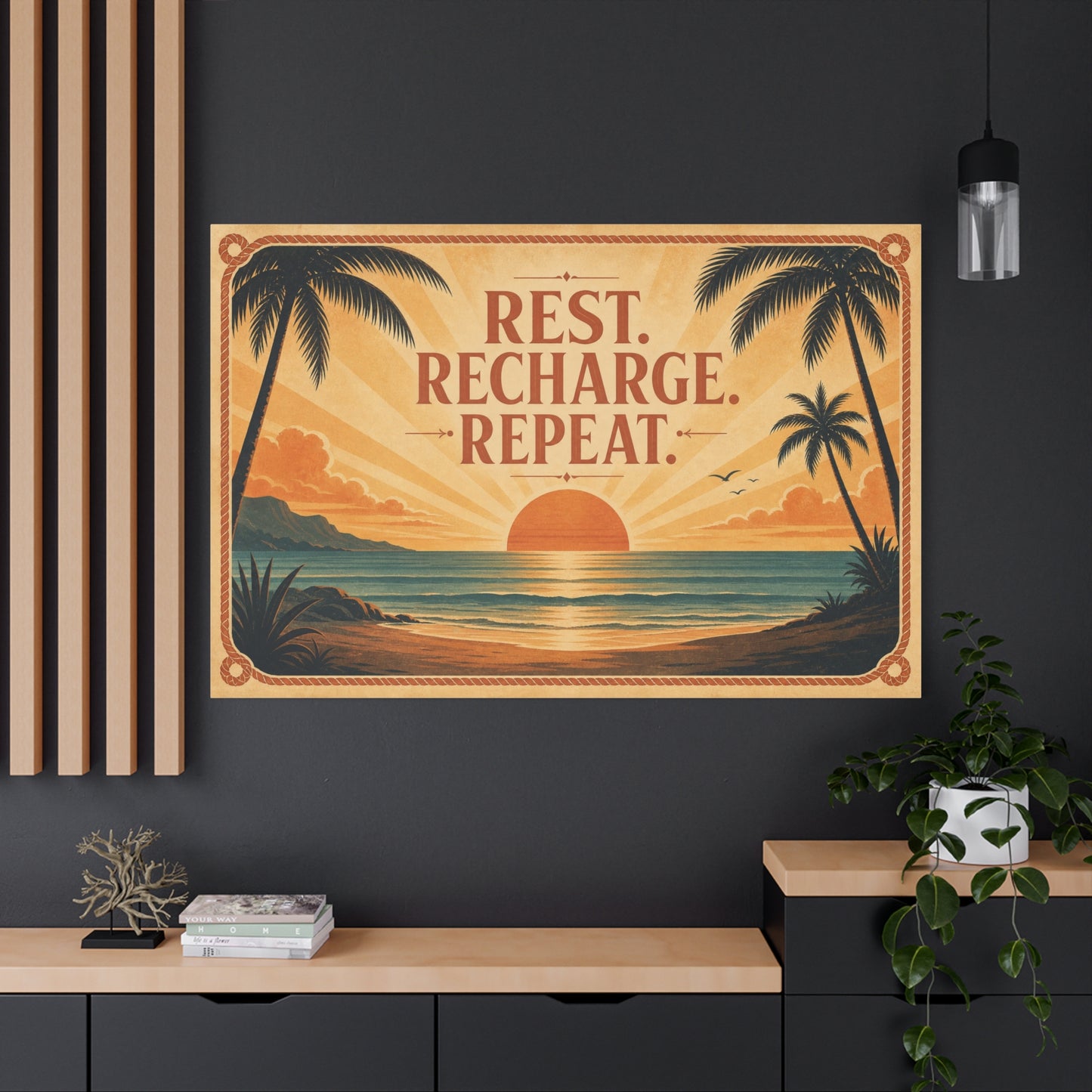 "Rest. Recharge. Repeat." Tropical Beach Sunset Canvas Wall Art - Vintage Coastal Typography, Retro Palm Tree Ocean Scene, Living Room Wall Decor, Bedroom Home Decoration - Bedroom Home Decoration