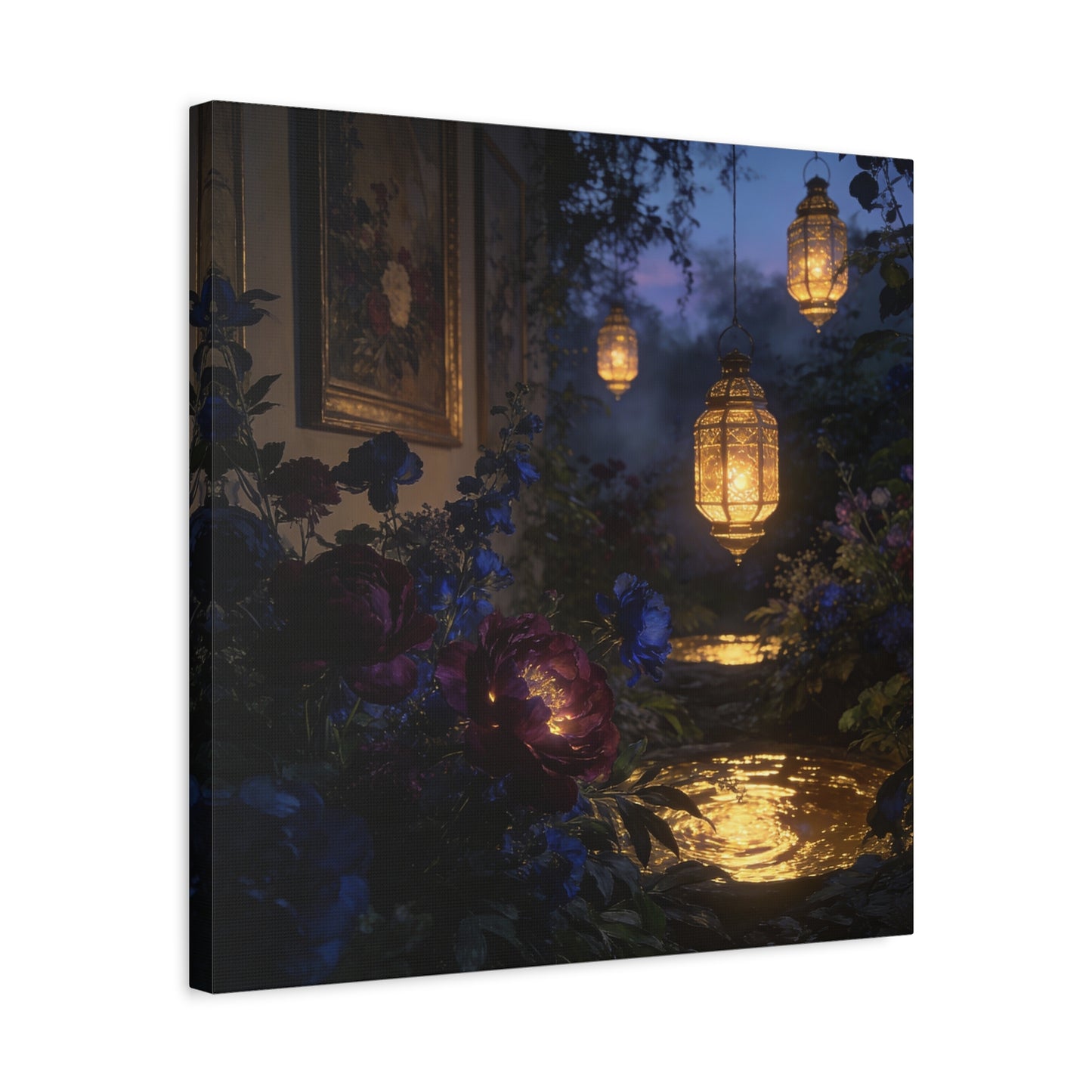 Lantern Garden Canvas Wall Art - Twilight Floral Courtyard, Glowing Water Reflections - Moody Botanical Night Scene, Matte Canvas Print - Bedroom Wall Decor, Living Room Accent - Cozy Reading Nook Art