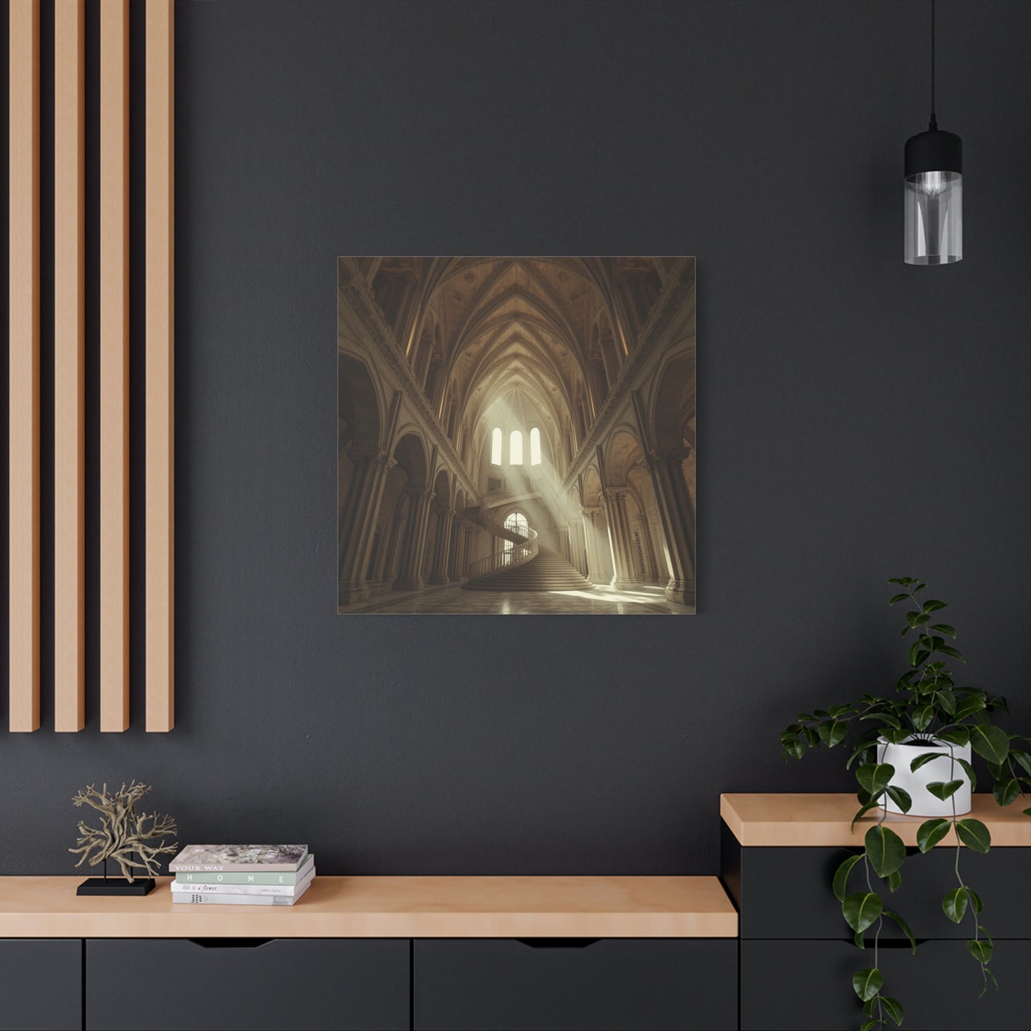 Gothic Cathedral Interior Canvas Wall Art - Sunlit Spiral Staircase, Religious Architecture Print - Matte Cotton Canvas - Traditional Style - Living Room Wall Decor, Office Art - Ready to Hang