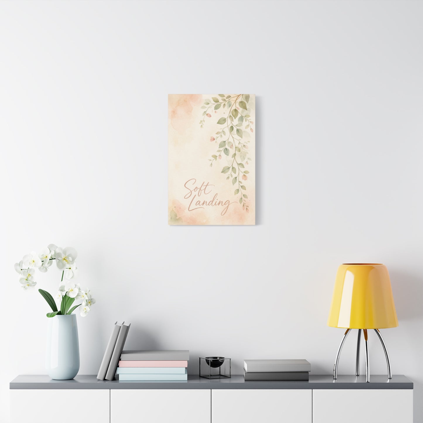 "Soft Landing" Botanical Canvas Wall Art - Watercolor Leaf Branch Quote Print - Blush Sage Floral Typography Decor - Bedroom Wall Hanging - Bedroom Home Decoration - Modern Farmhouse Style