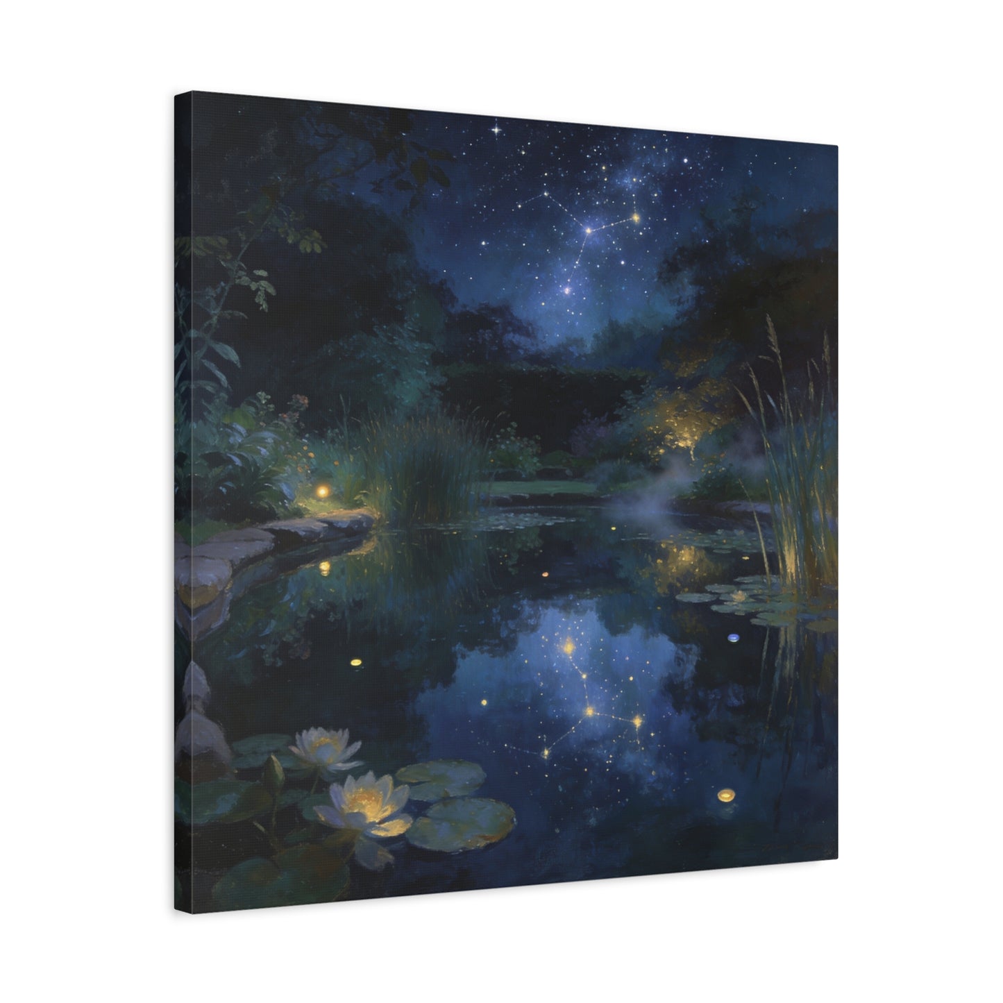 Starry Night Pond Canvas Wall Art - Moonlit Water Lilies, Celestial Reflection Landscape - Dreamy Matte Canvas Print - Traditional Nightscape Style - Living Room Wall Decor Bedroom Home Accent