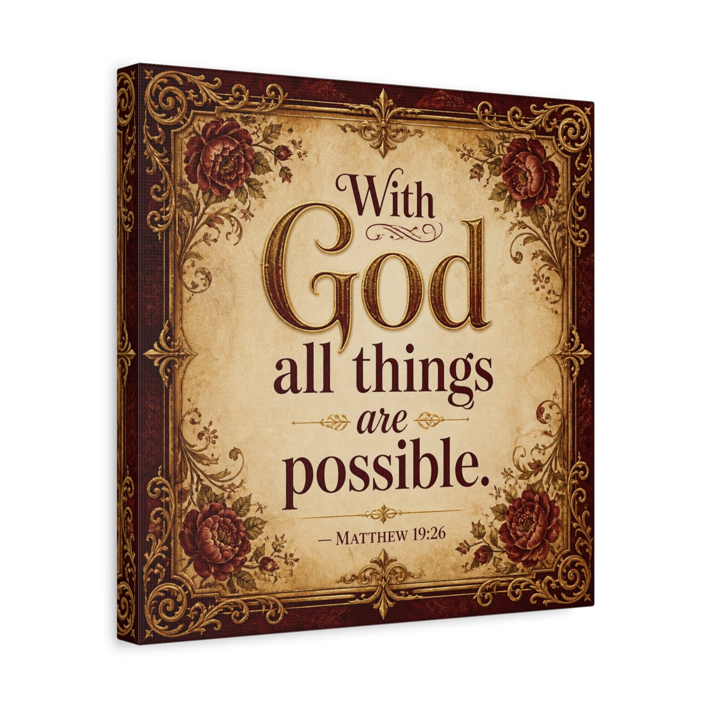 "With God All Things Are Possible. - Matthew 19:26" Christian Canvas Wall Art - Vintage Floral Scripture Print, Traditional Inspirational Decor, Living Room Bedroom Wall Hanging - Ready to Hang
