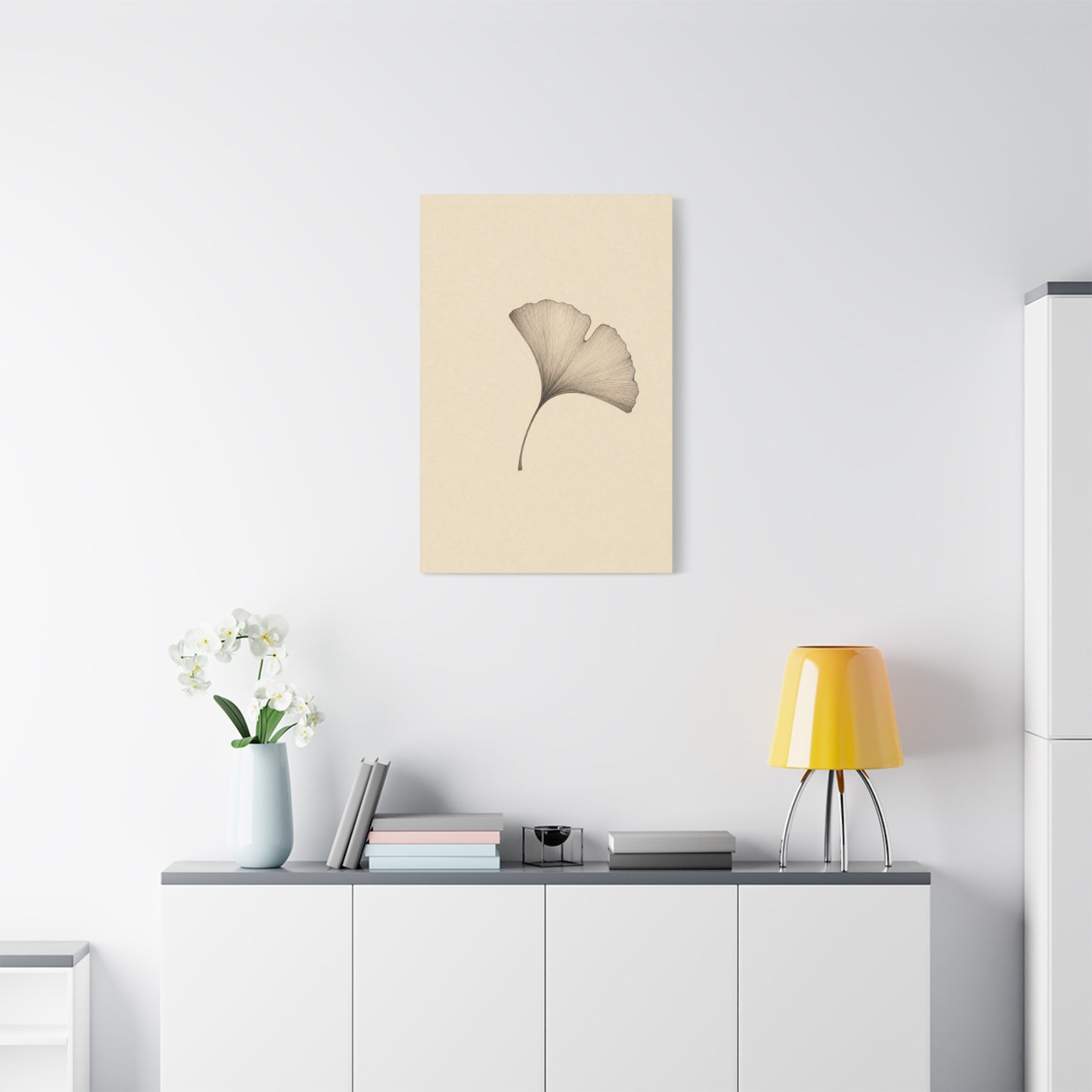 Ginkgo Leaf Canvas Wall Art - Minimalist Botanical Line Drawing, Neutral Beige Cotton Art Print - Contemporary Zen Style - Bedroom Wall Decor, Living Room Home Decoration - Bedroom Home Decoration