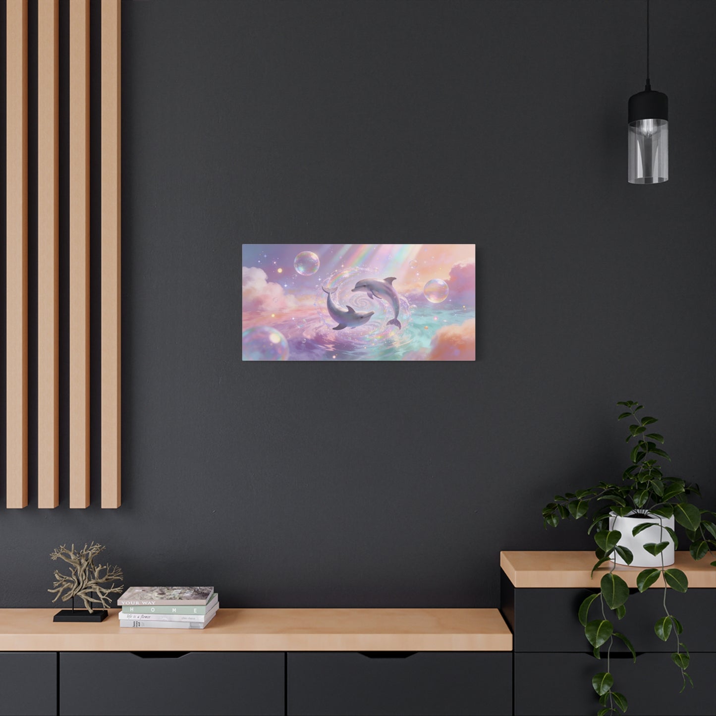 Dolphin Canvas Wall Art - Dreamy Ocean Swirl, Pastel Sky And Rainbow Light - Cotton Canvas Print - Whimsical Contemporary Style - Living Room Wall Decor, Bedroom Home Accent - Bedroom Home Decoration