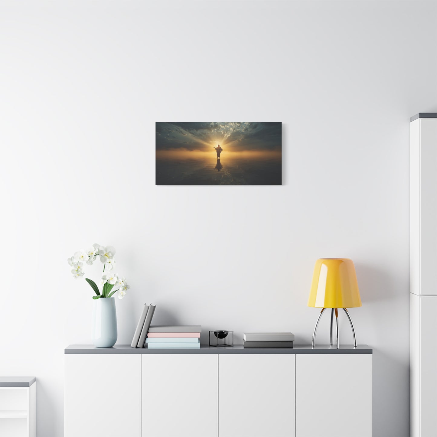 Jesus Christ Canvas Wall Art - Walking On Water At Sunrise, Dramatic Sky Reflection - Matte Cotton Print - Religious Home Decor For Living Room, Bedroom, Office Wall Accent - Bedroom Home Decoration
