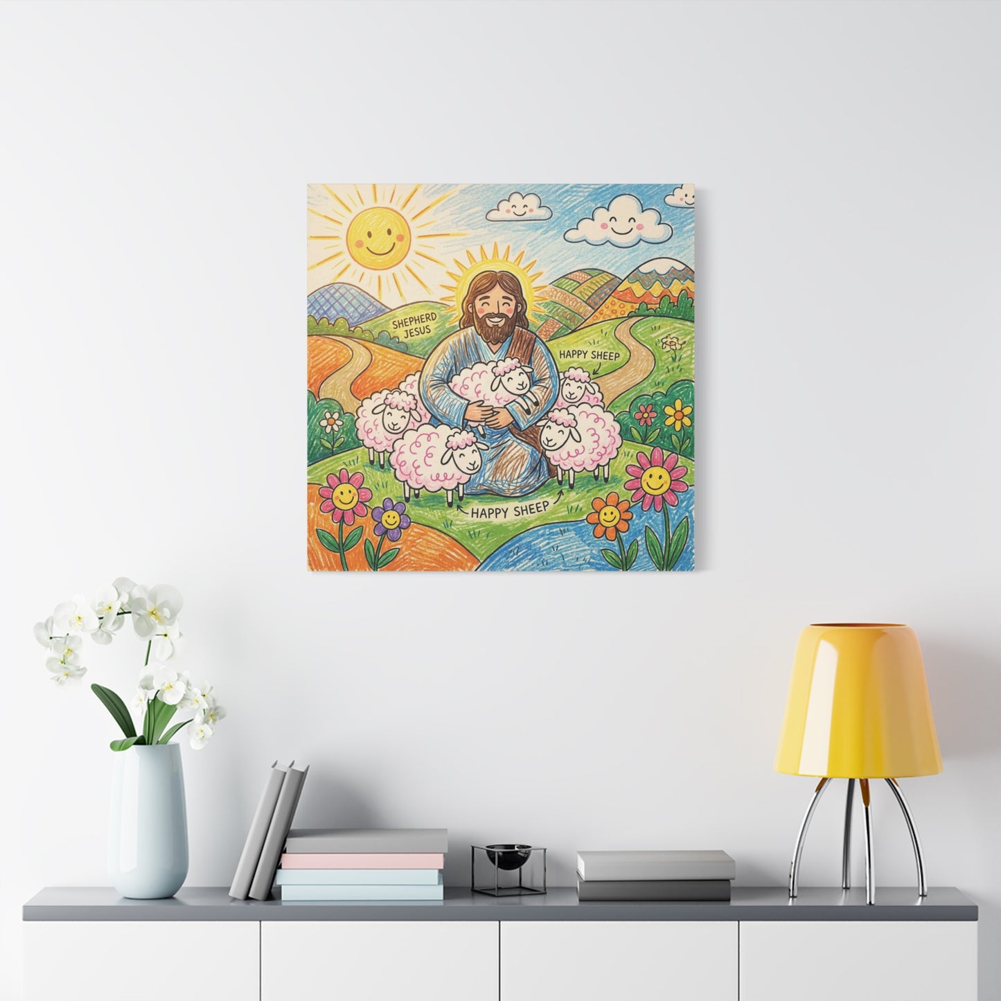 "Shepherd Jesus" "Happy Sheep" Jesus Canvas Wall Art - Christian Kids Nursery Decor, Colorful Religious Print - Matte Cotton Canvas - Playroom Bedroom Classroom Decoration - Living Room Wall Decor