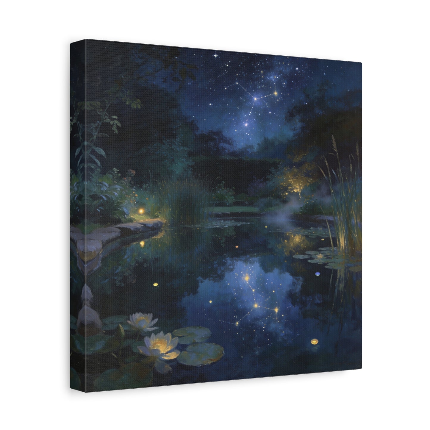 Starry Night Pond Canvas Wall Art - Moonlit Water Lilies, Celestial Reflection Landscape - Dreamy Matte Canvas Print - Traditional Nightscape Style - Living Room Wall Decor Bedroom Home Accent