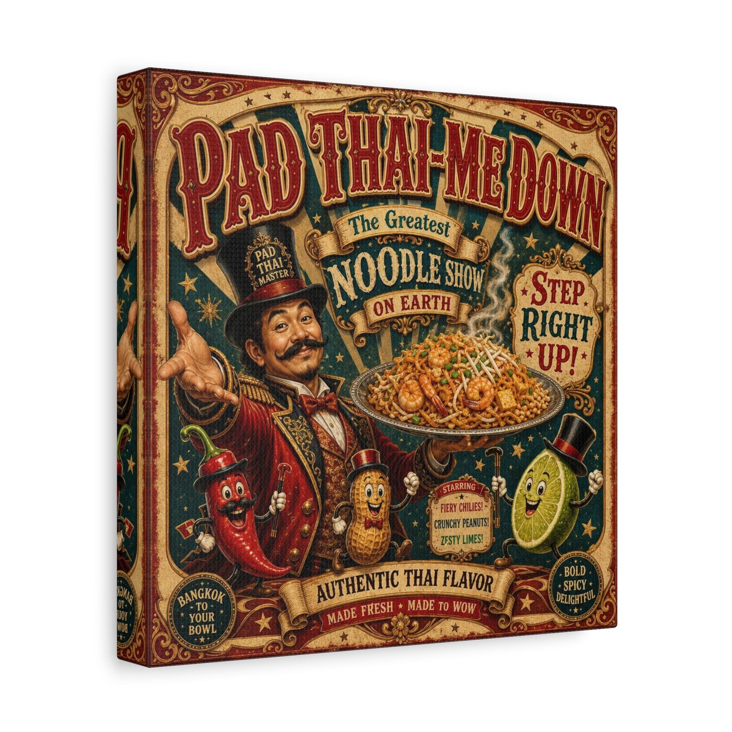"Pad Thai-Me Down" Canvas Wall Art - Vintage Circus Noodle Poster, Typography Illustration, Whimsical Restaurant Decor, Cafe Wall Decor, Retro Kitchen Accent, Matte Canvas Print - Ready to Hang