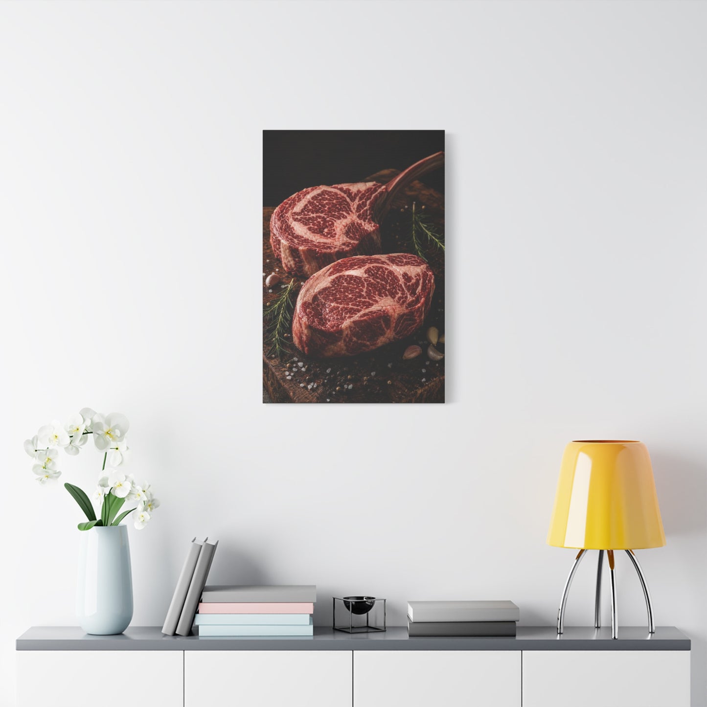 Raw Ribeye Steak Canvas Wall Art - Rustic Food Art Print, Butcherhouse Kitchen Decor, Cotton Art Print, Moody Culinary Still Life - Dining Room Accent, Restaurant Wall Decor - Modern Farmhouse Style