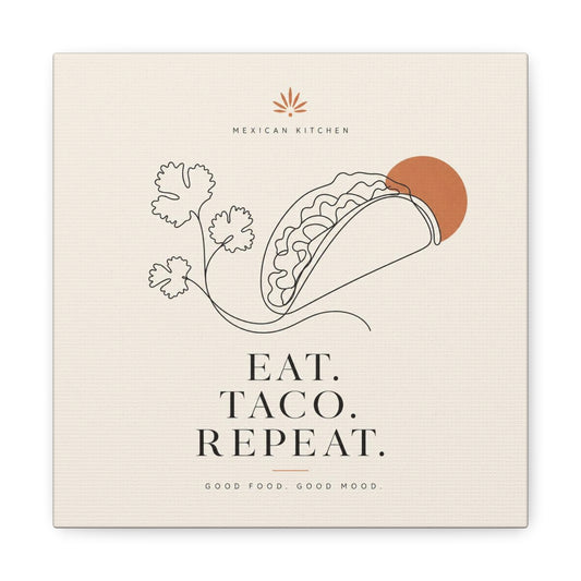 "Eat. Taco. Repeat." Mexican Kitchen Canvas Wall Art - Minimalist Taco Line Illustration, Terracotta Sun, Typography Print - Modern Kitchen Decor, Cafe Wall Decor, Dining Room Accent - Ready to Hang