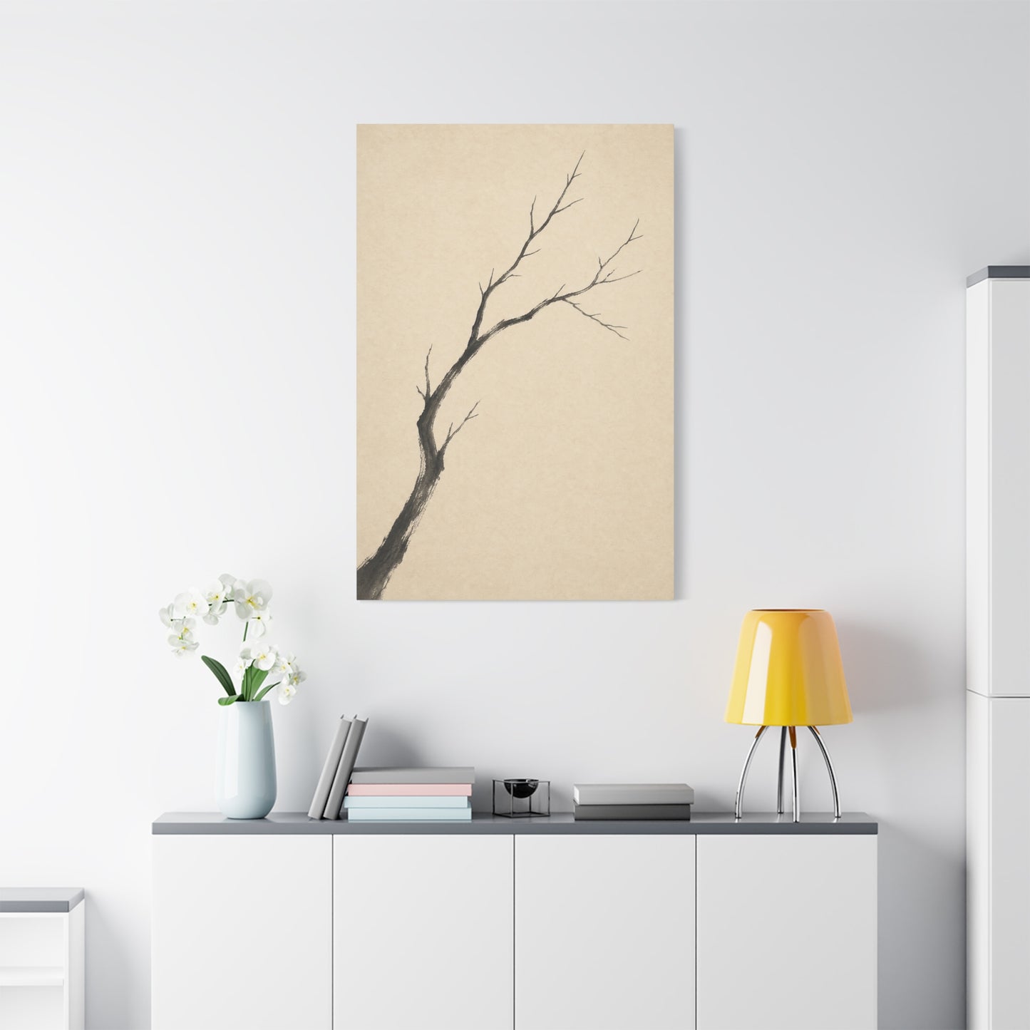 Minimalist Bare Tree Branch Canvas Wall Art - Neutral Ink Wash Botanical Print - Japanese Zen Style - Beige Black Contemporary Wall Decor For Bedroom Living Room Office Entryway - Ready to Hang