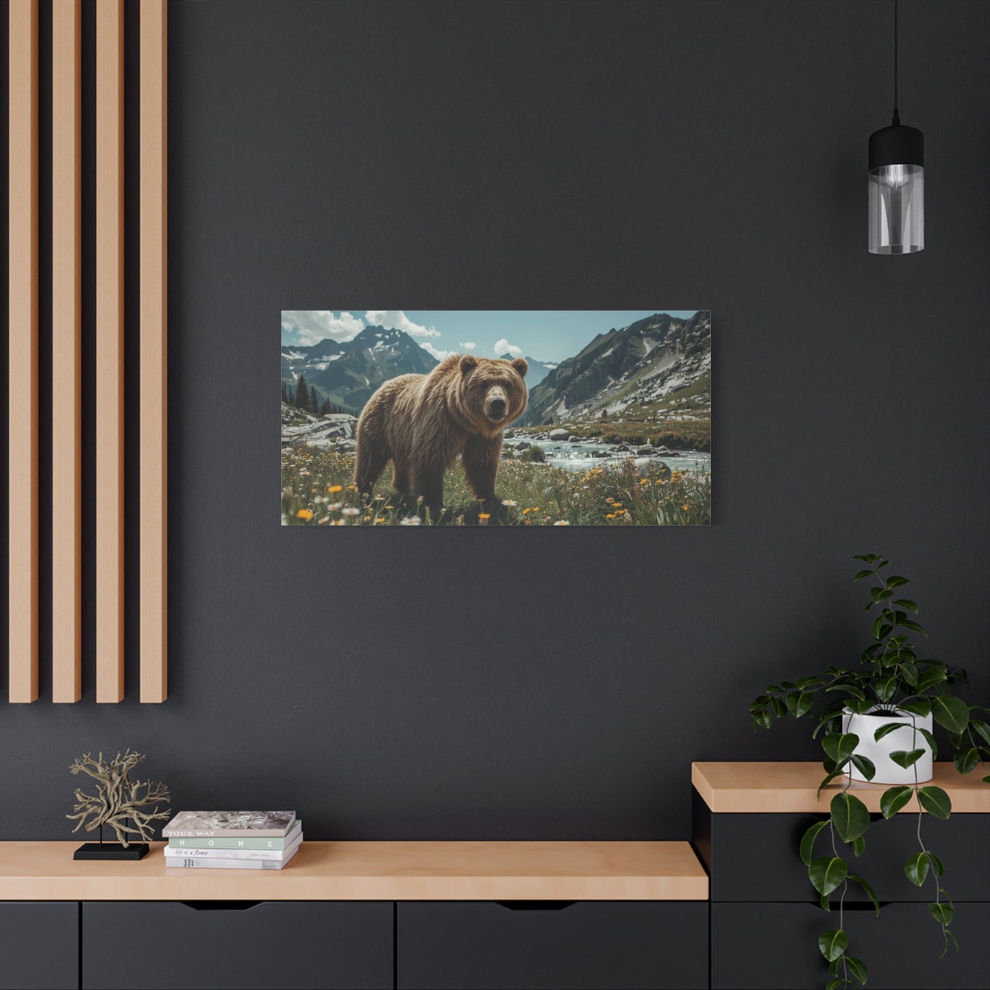 Grizzly Bear Canvas Wall Art - Alpine Mountain Meadow Wildlife Art Print - Rustic Nature Decor, Cotton Canvas - Living Room Wall Decor, Lodge Bedroom Home Decoration - Bedroom Home Decoration