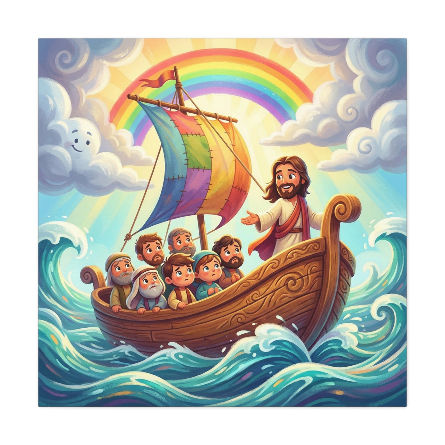 Jesus Boat Canvas Wall Art - Rainbow Sail, Disciples At Sea, Christian Nursery Decor - Matte Cotton Print - Whimsical Religious Style For Kids Bedroom Playroom Home Decoration - Living Room Wall Decor