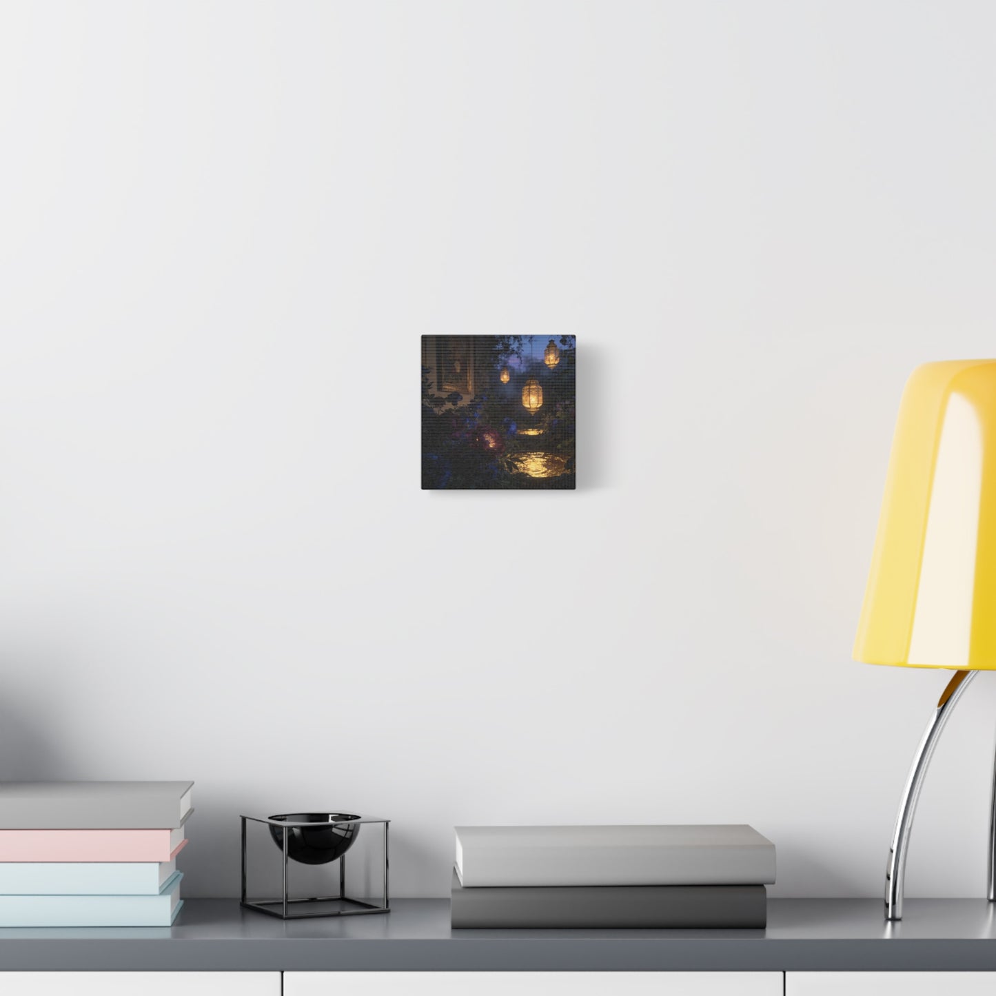 Lantern Garden Canvas Wall Art - Twilight Floral Courtyard, Glowing Water Reflections - Moody Botanical Night Scene, Matte Canvas Print - Bedroom Wall Decor, Living Room Accent - Cozy Reading Nook Art