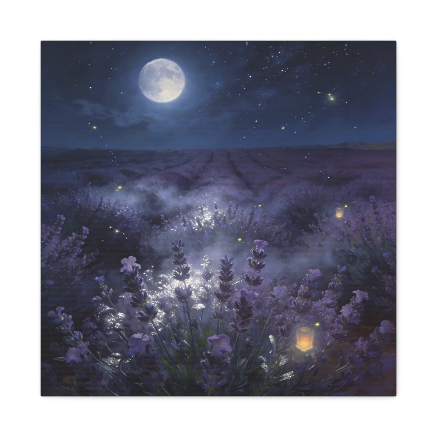 Moonlit Lavender Field Canvas Wall Art - Firefly Night Landscape, capiz shells wall decor - Matte Cotton Art Print, Calming Traditional Style - Bedroom Home Decoration, Office Wall Art - Ready to Hang