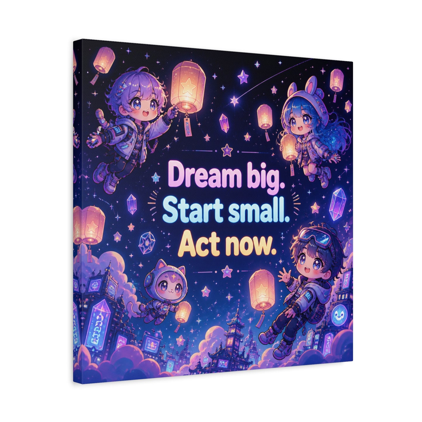 "Dream Big. Start Small. Act Now." Inspirational Canvas Wall Art - Kawaii Space Kids, Star Lantern Night Sky Quote Print - Neon Purple Blue Decor, Bedroom Home Decoration, Teen Room Accent