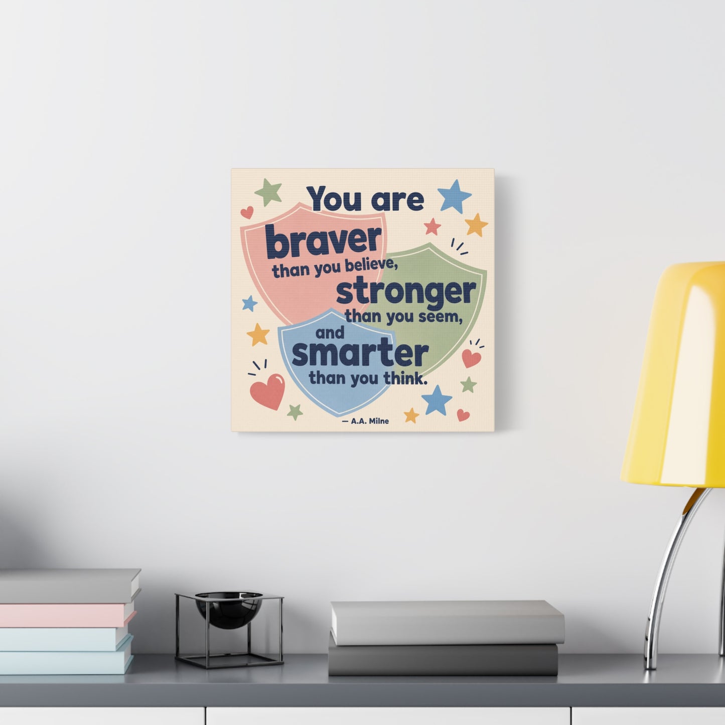 "You Are Braver, Stronger, Smarter" Quote Canvas Wall Art - Kids Inspirational Typography Print, Pastel Shield Stars Hearts Design - Nursery Bedroom Classroom Decor - Office Wall Art - Ready to Hang