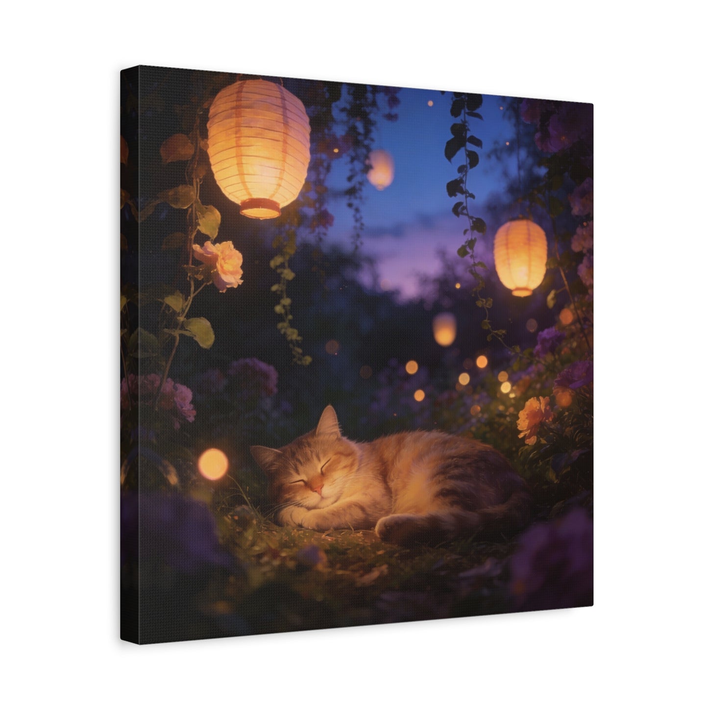 Sleeping Cat Canvas Wall Art - Lantern Lit Garden Night Scene, Dreamy Floral Canvas Print - Calming Cottagecore Style, Bedroom Wall Decor, Living Room Home Decoration - Bedroom Home Decoration