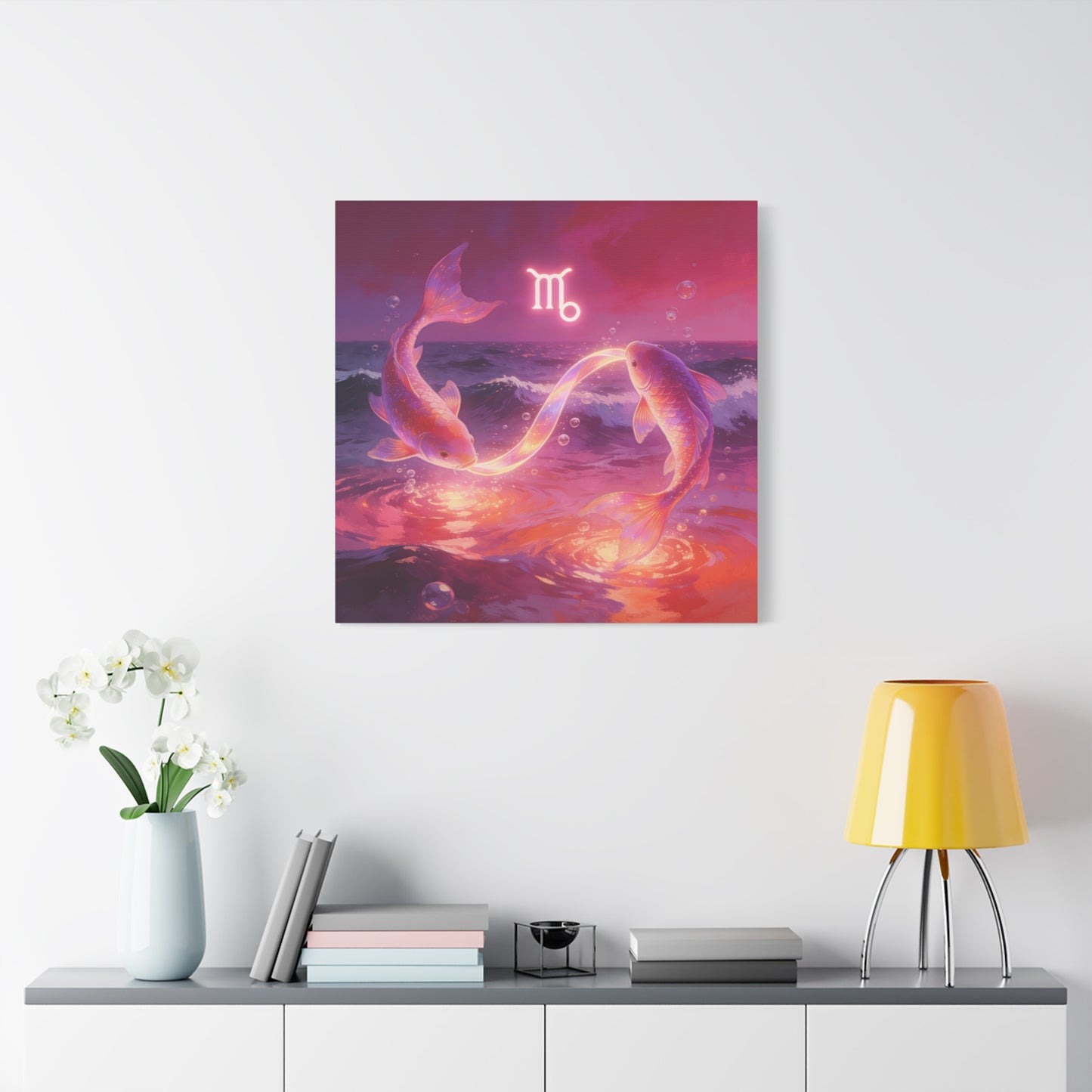 Scorpio Zodiac Canvas Wall Art - Glowing Koi Fish Ocean Illustration, Pink Purple Celestial Water Scene - Modern Fantasy Decor - Bedroom Home Decoration, Living Room Accent - Living Room Wall Decor