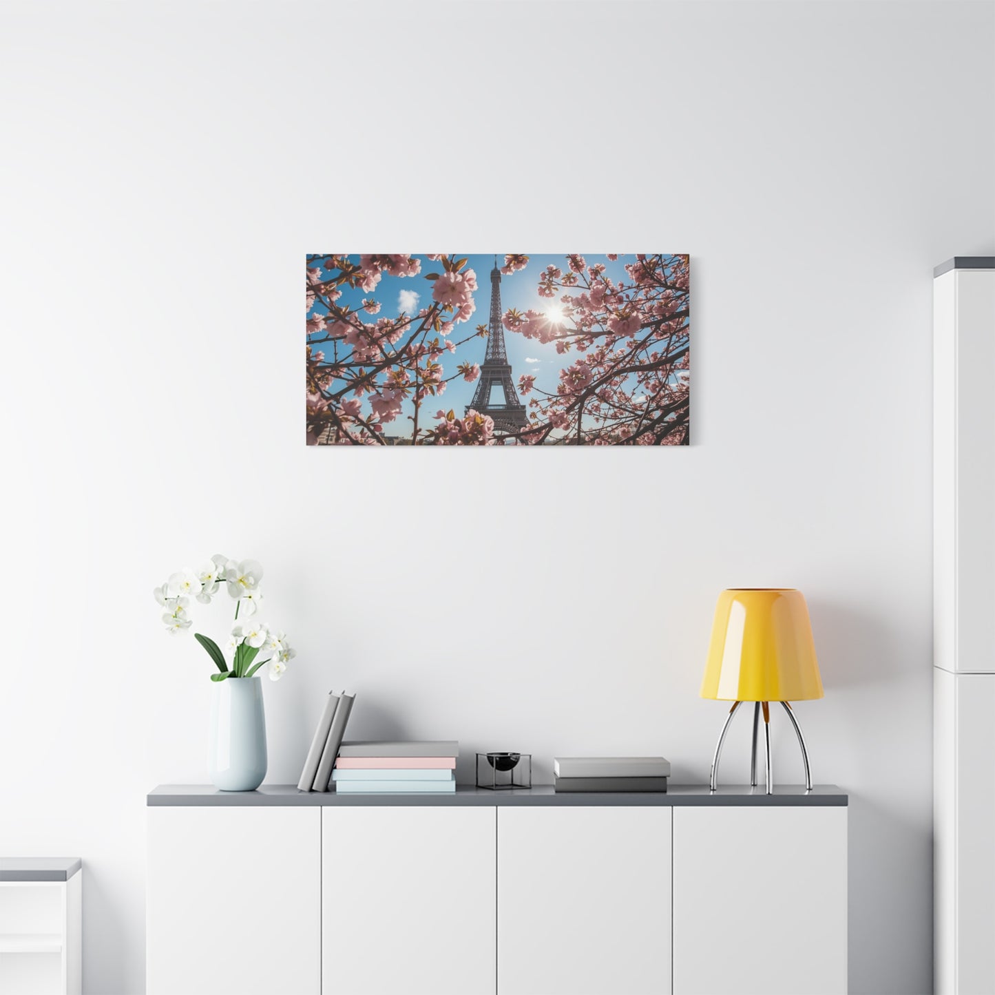 Eiffel Tower Canvas Wall Art Paris Cherry Blossom Art Print - Sunlit Spring Floral Cityscape - Matte Cotton Decor - Bedroom Home Decoration, Living Room Wall Decor - Bedroom Home Decoration