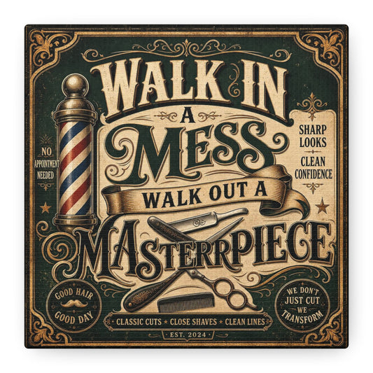 "Walk In A Mess Walk Out A Masterpiece" Canvas Wall Art - Vintage Barber Pole, Razor, Scissors Typography Print - Rustic Barbershop Decor, Salon Wall Art, Workspace Wall Hanging - Reception Area Decor
