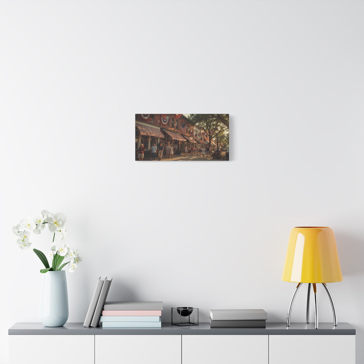 Patriotic Main Street Canvas Wall Art - American Flag Small Town Streetscape, Golden Hour Art Print - Vintage Americana Style - Living Room Wall Decor, Office Art Accent - Ready to Hang