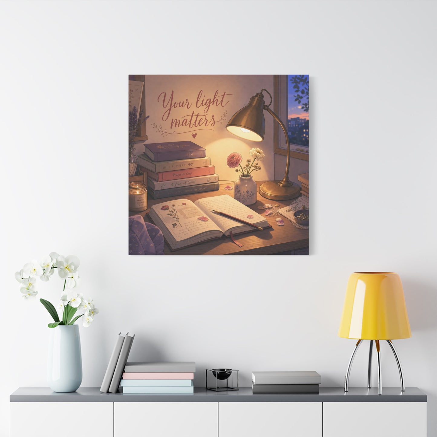 "Your Light Matters" Inspirational Canvas Wall Art - Cozy Desk Lamp Books Floral Print - Warm Vintage Bedroom Wall Decor - Reading Nook Home Decoration - Ready to Hang - Bedroom Home Decoration