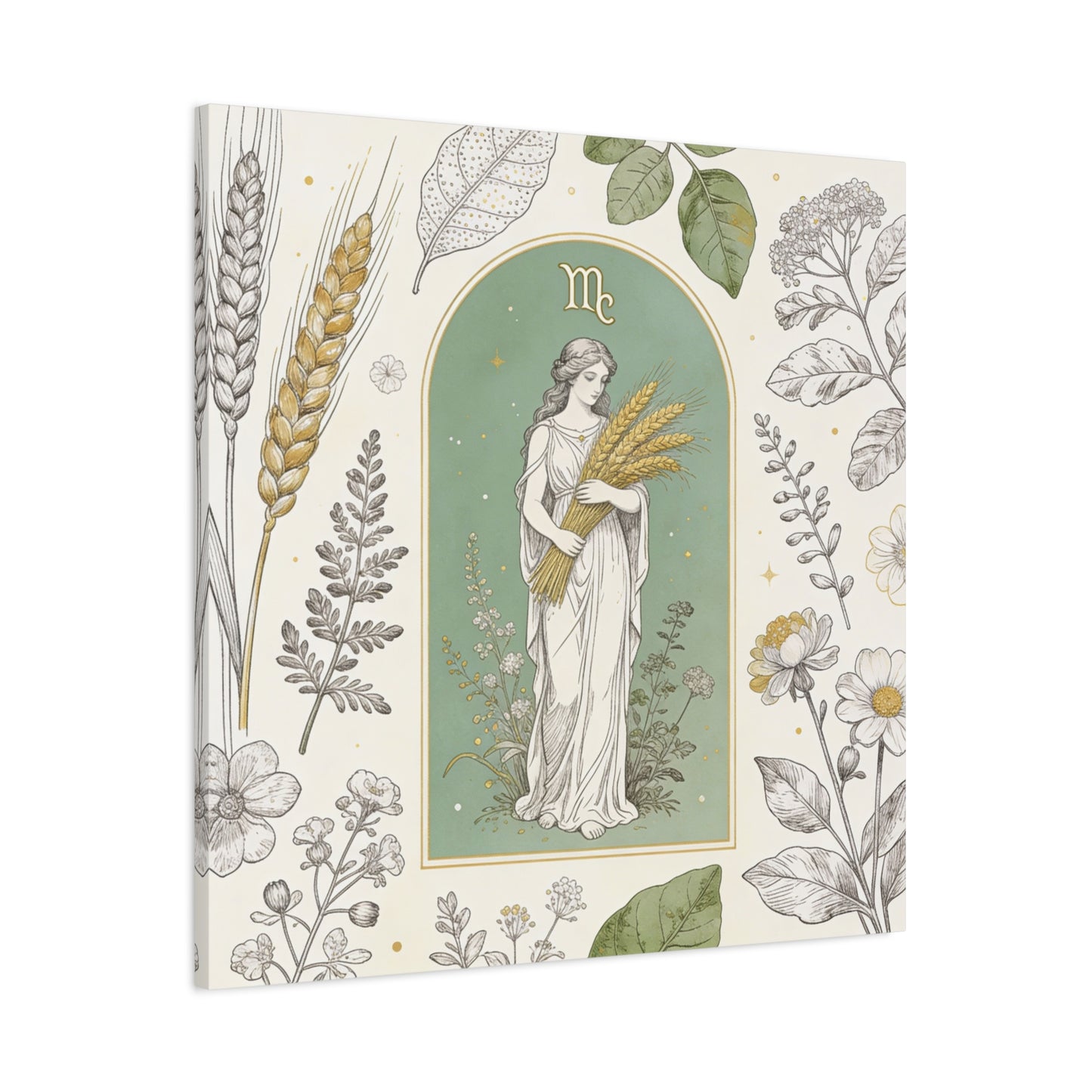 Virgo Zodiac Canvas Wall Art - Botanical Maiden Holding Wheat, Celestial Illustration - Sage Green Gold Cotton Print - Vintage Astrology Decor, Bedroom Wall Hanging Accent - Bedroom Home Decoration