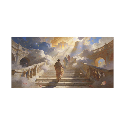 Celestial Stairway Canvas Wall Art - Figures Ascending Through Clouds, Golden Temple Light - Matte Cotton Art Print - Classical Fantasy Style - Living Room Wall Decor, Office Accent - Ready to Hang