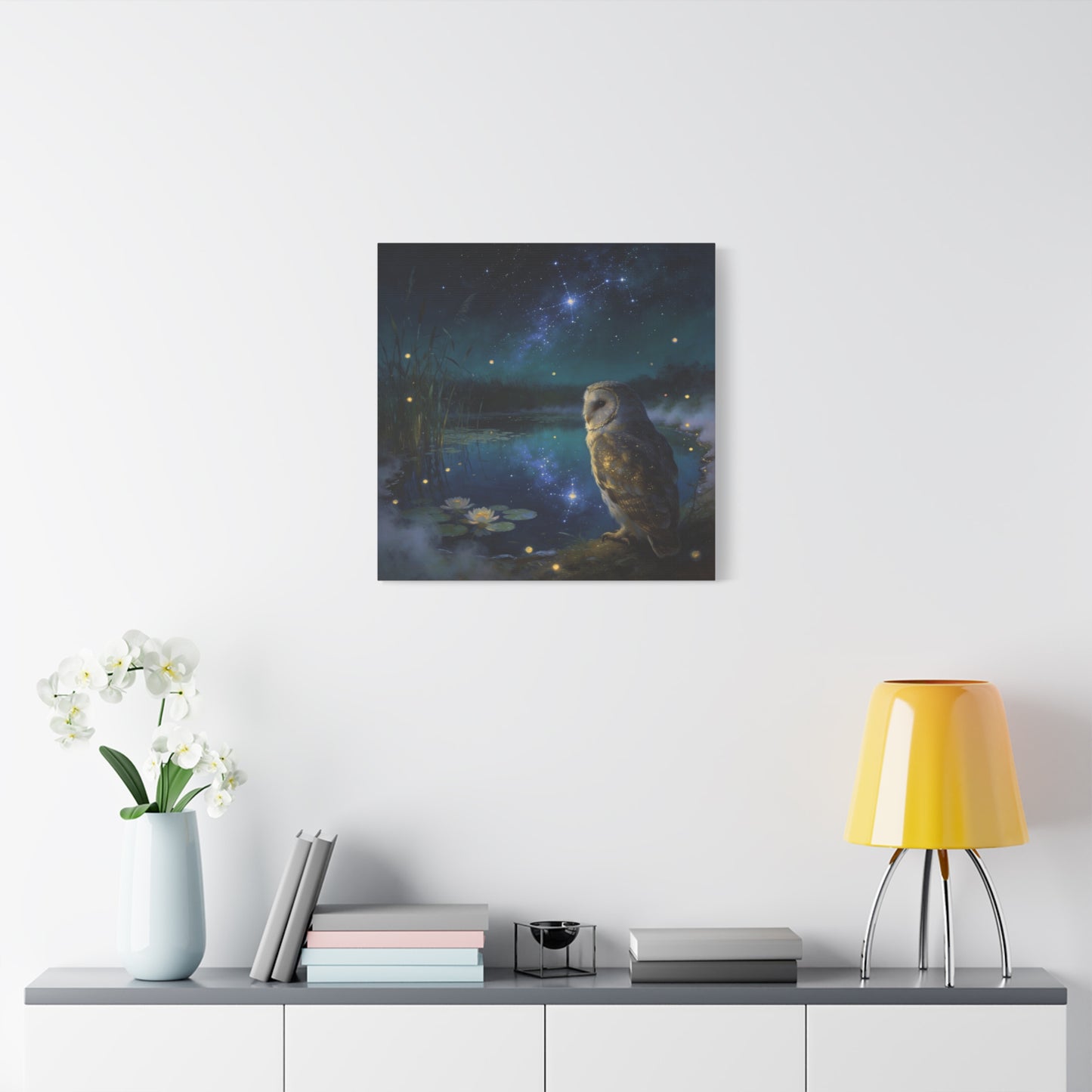 Barn Owl Canvas Wall Art - Moonlit Pond, Fireflies, Water Lilies, Starry Night Sky - Dreamy Wildlife Painting - Matte Finish Canvas Print - Bedroom Wall Decor, Nursery Accent - Bedroom Home Decoration