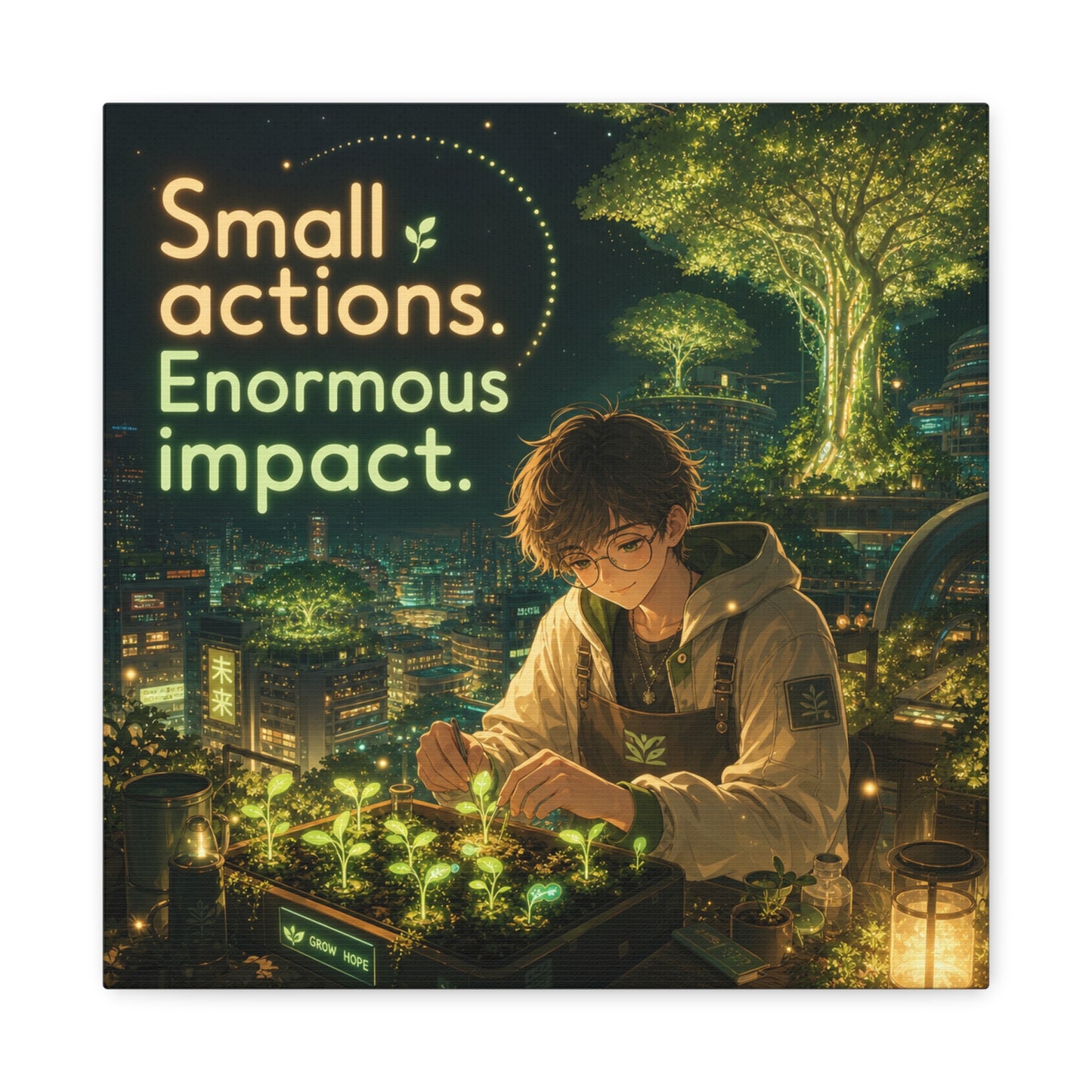 "Small Actions. Enormous Impact." Inspirational Canvas Wall Art - Anime Boy Gardening Cityscape - Glowing Green Night Illustration - Bedroom Home Decoration, Home Office Decor - Living Room Wall Decor