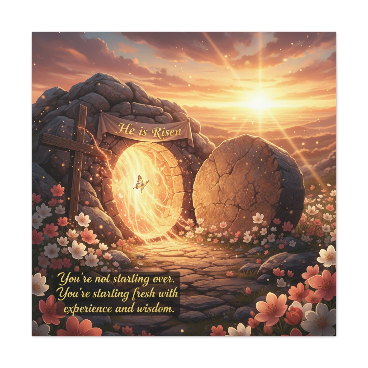 "He Is Risen" Christian Canvas Wall Art - Empty Tomb Cross Sunrise Scripture Print - Floral Faith Home Decoration - Modern Farmhouse Style