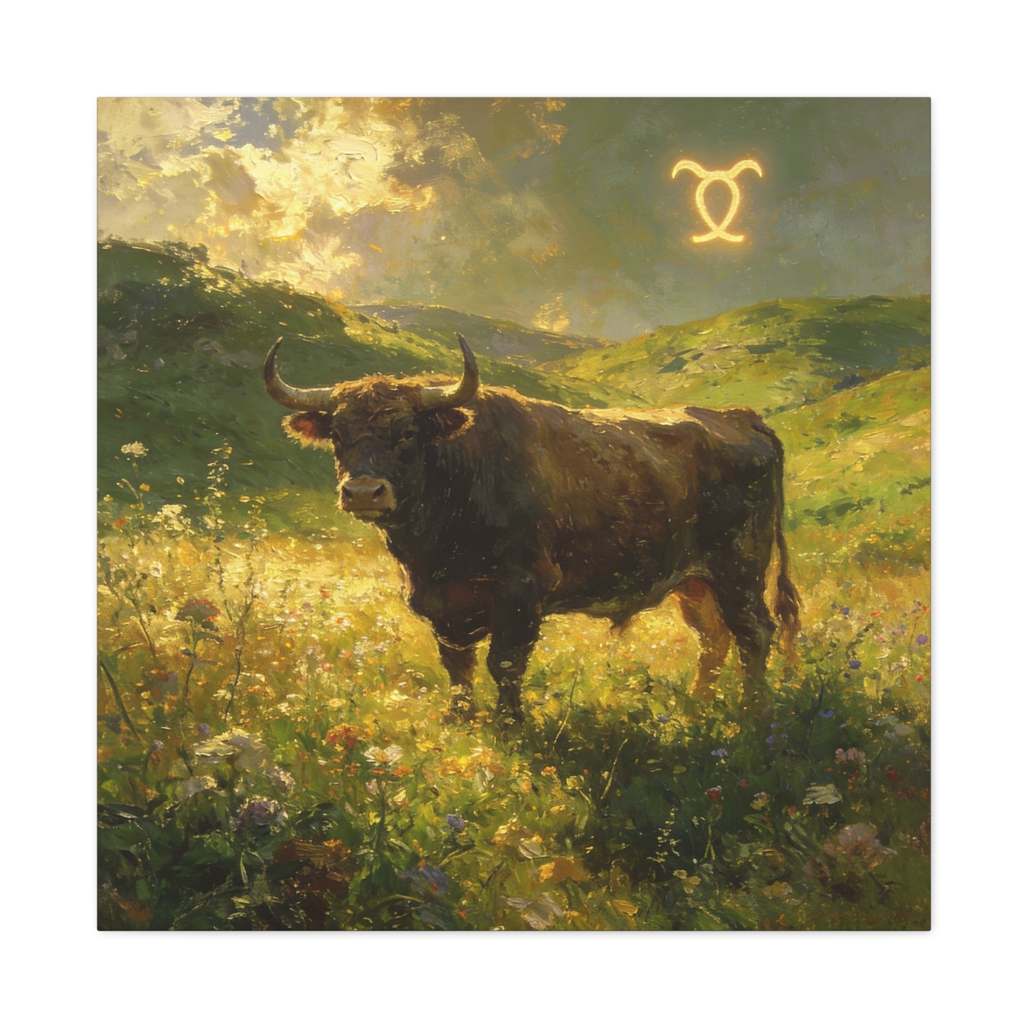 Taurus Bull Canvas Wall Art - Golden Meadow Landscape Painting, Zodiac Symbol, Rustic Contemporary Cotton Canvas Print, Living Room Wall Decor, Bedroom Home Decoration, Office Art Accent