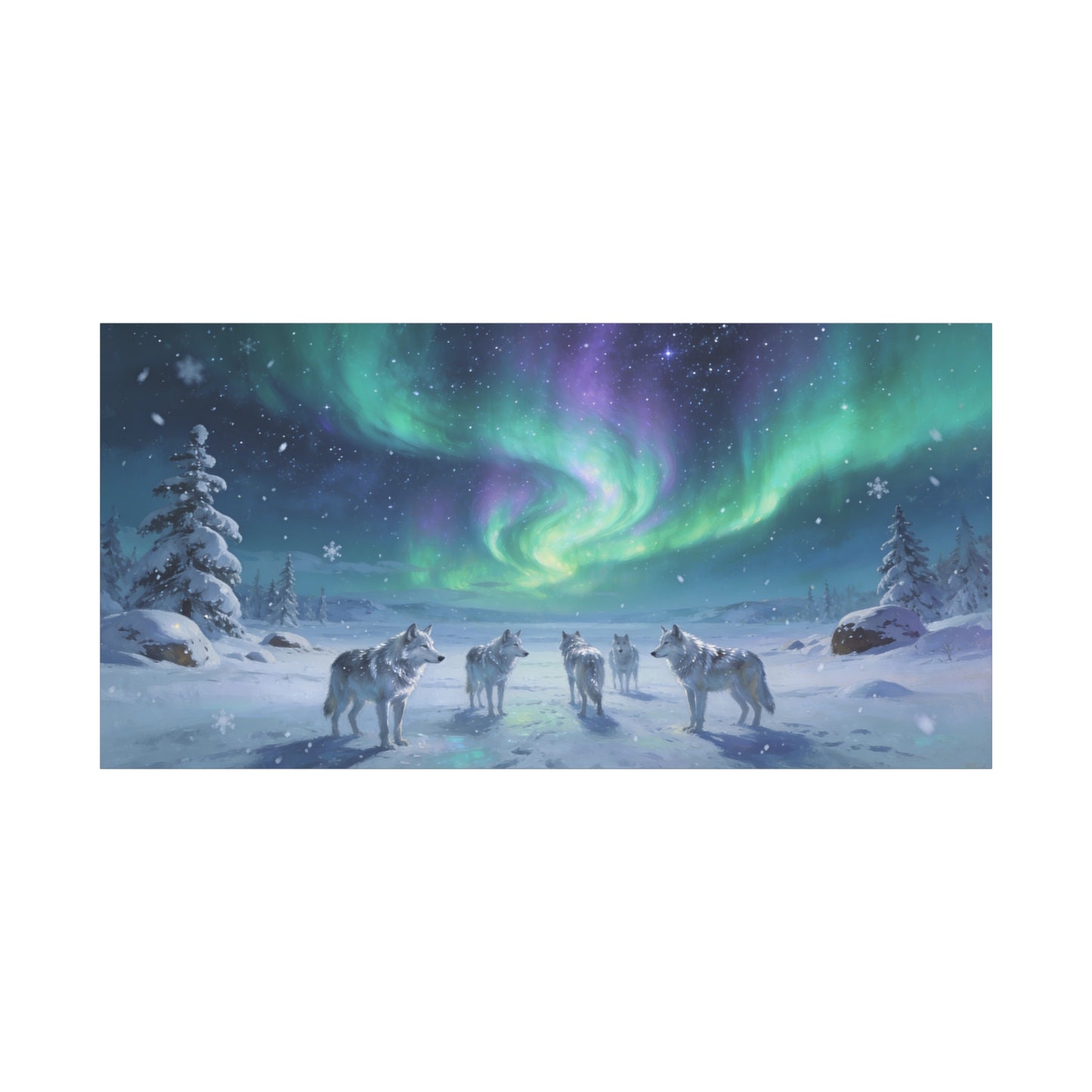 Arctic Wolf Pack Canvas Wall Art - Aurora Borealis Snowy Winter Landscape, Northern Lights Canvas Print, Blue Green Purple Sky, Living Room Wall Decor, Bedroom Home Decoration - Modern Farmhouse Style