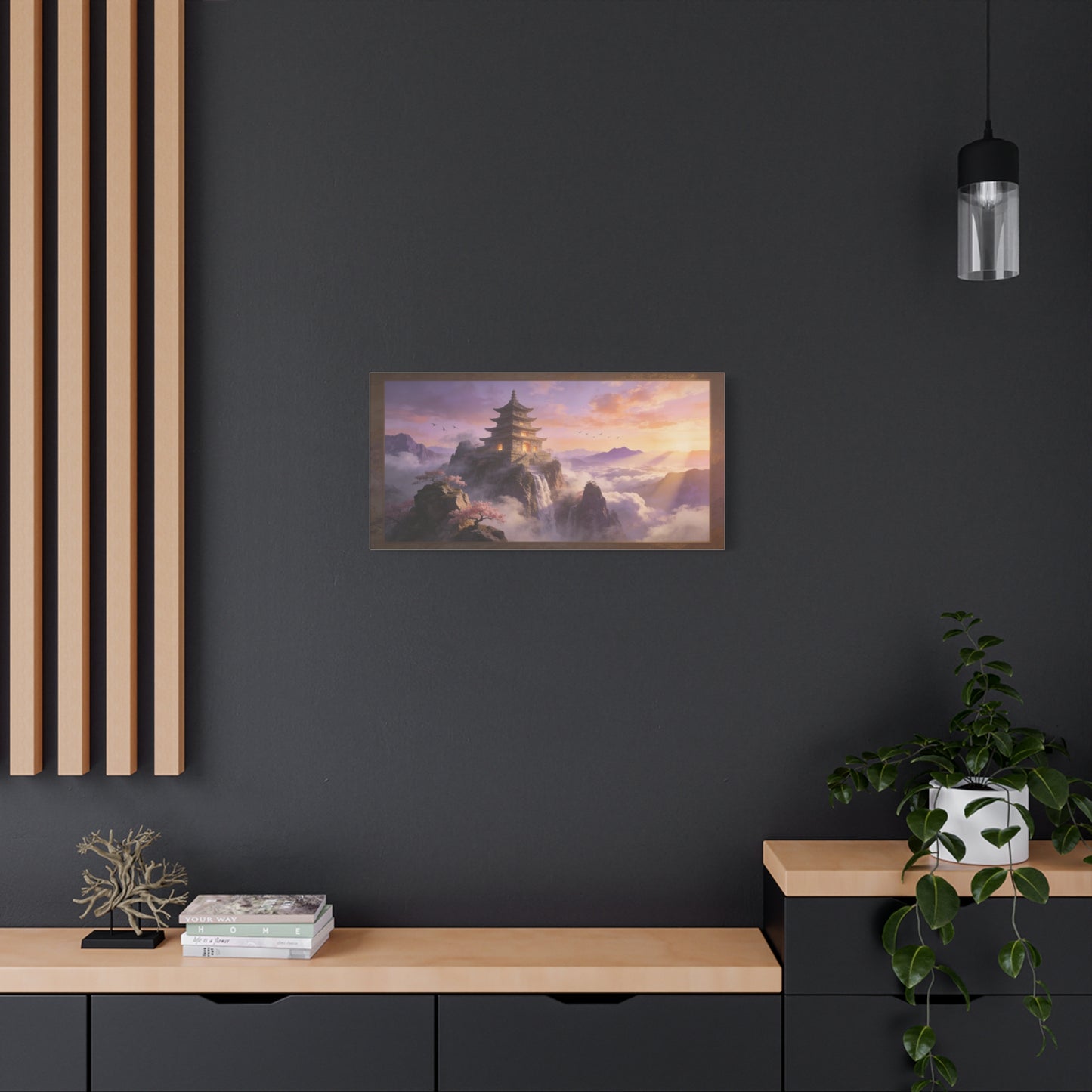 Mountain Pagoda Canvas Wall Art - Misty Sunrise Temple, Waterfall And Cherry Blossoms - Framed Landscape Print, Serene Traditional Style - Living Room Wall Decor, Bedroom Decoration - Ready to Hang