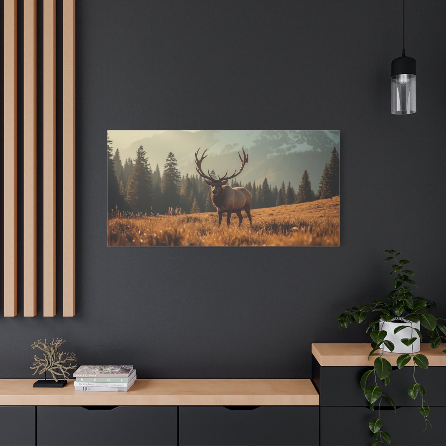 Bull Elk Canvas Wall Art - Mountain Meadow Wildlife Landscape, Golden Light Cotton Print - Rustic Nature Style, Living Room Wall Decor, Lodge Bedroom Home Decoration - Bedroom Home Decoration
