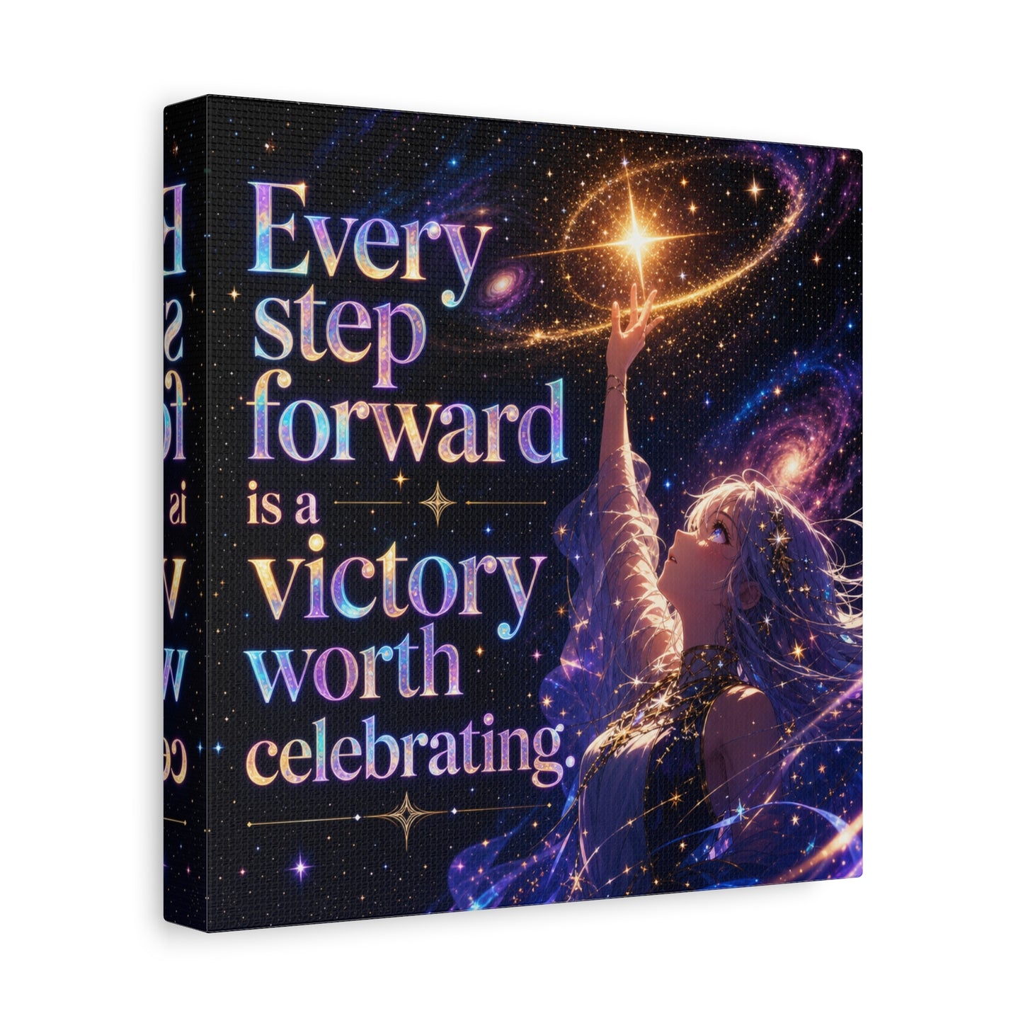 "Every Step Forward Is A Victory Worth Celebrating" Inspirational Canvas Wall Art - Cosmic Anime Girl Galaxy Quote Print - Celestial Purple Blue Decor - Bedroom Home Decoration - Office Wall Art