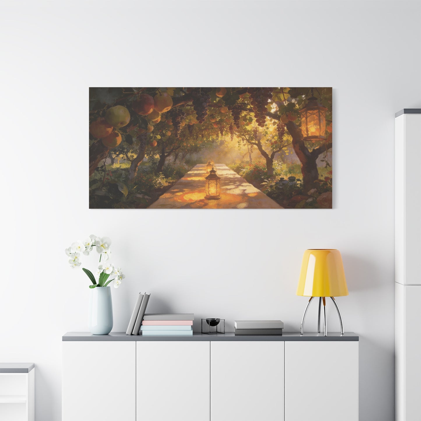 Fruit Orchard Canvas Wall Art - Lantern Lit Garden Path, Grape Vine And Apple Tree Painting - Matte Cotton Print, Rustic Traditional Style - Living Room Wall Decor, Bedroom Accent - Ready to Hang